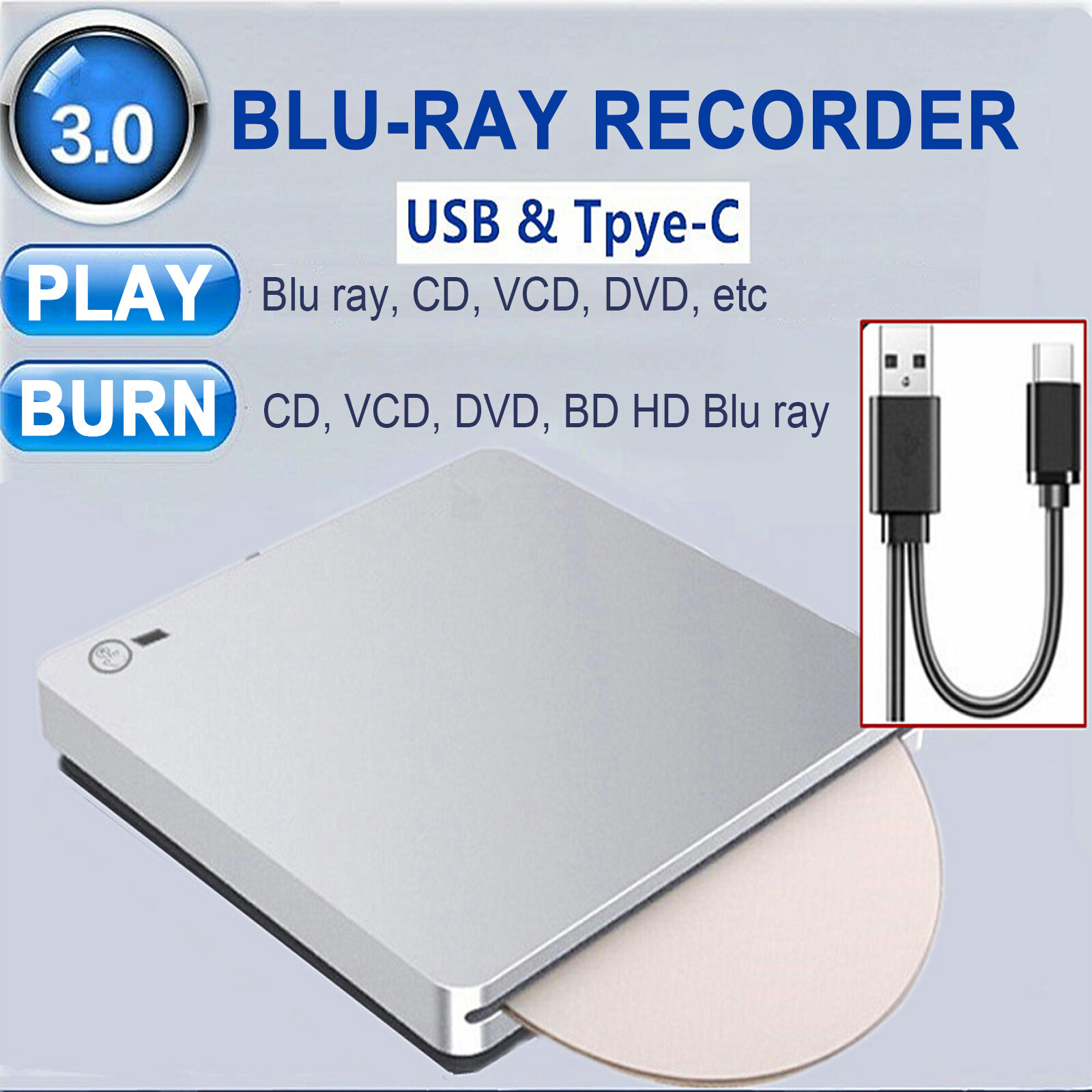 4K Genuine Burner External USB 3.0 Super Slim DVD BD Recorder Drive US
