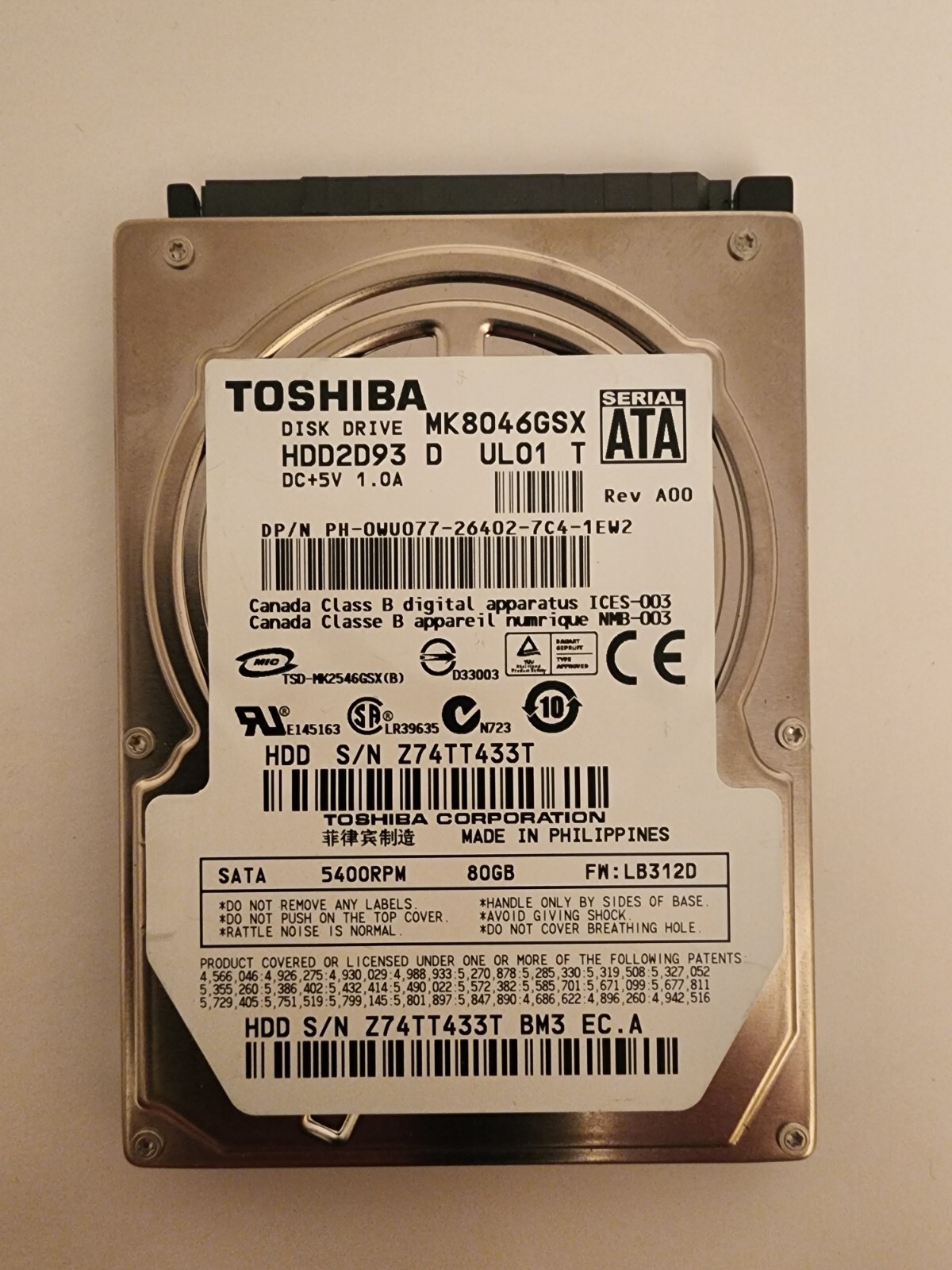 Toshiba 80GB Sata Hard Drive MK8046GSX HDD2D93 PH-0WU077 80GB 5400rpm