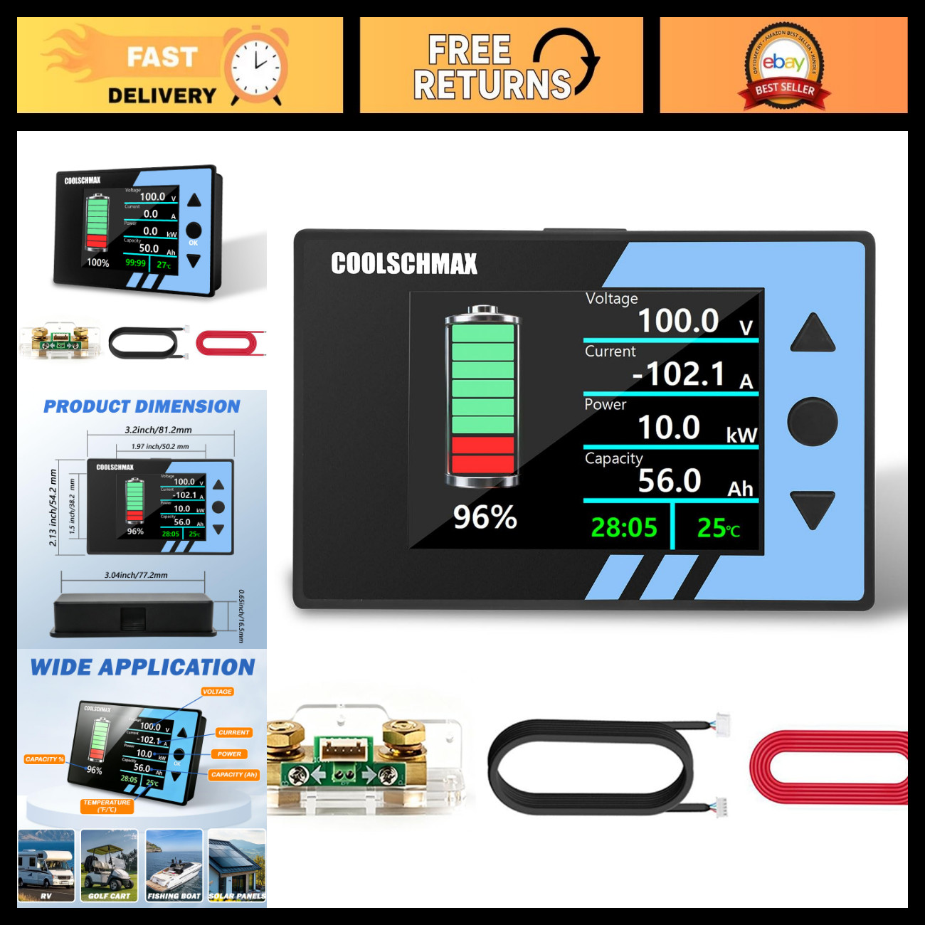 300A Battery Monitor with Shunt, 2.4" TFT LCD Display, Coulomb Meter for RV/Boat