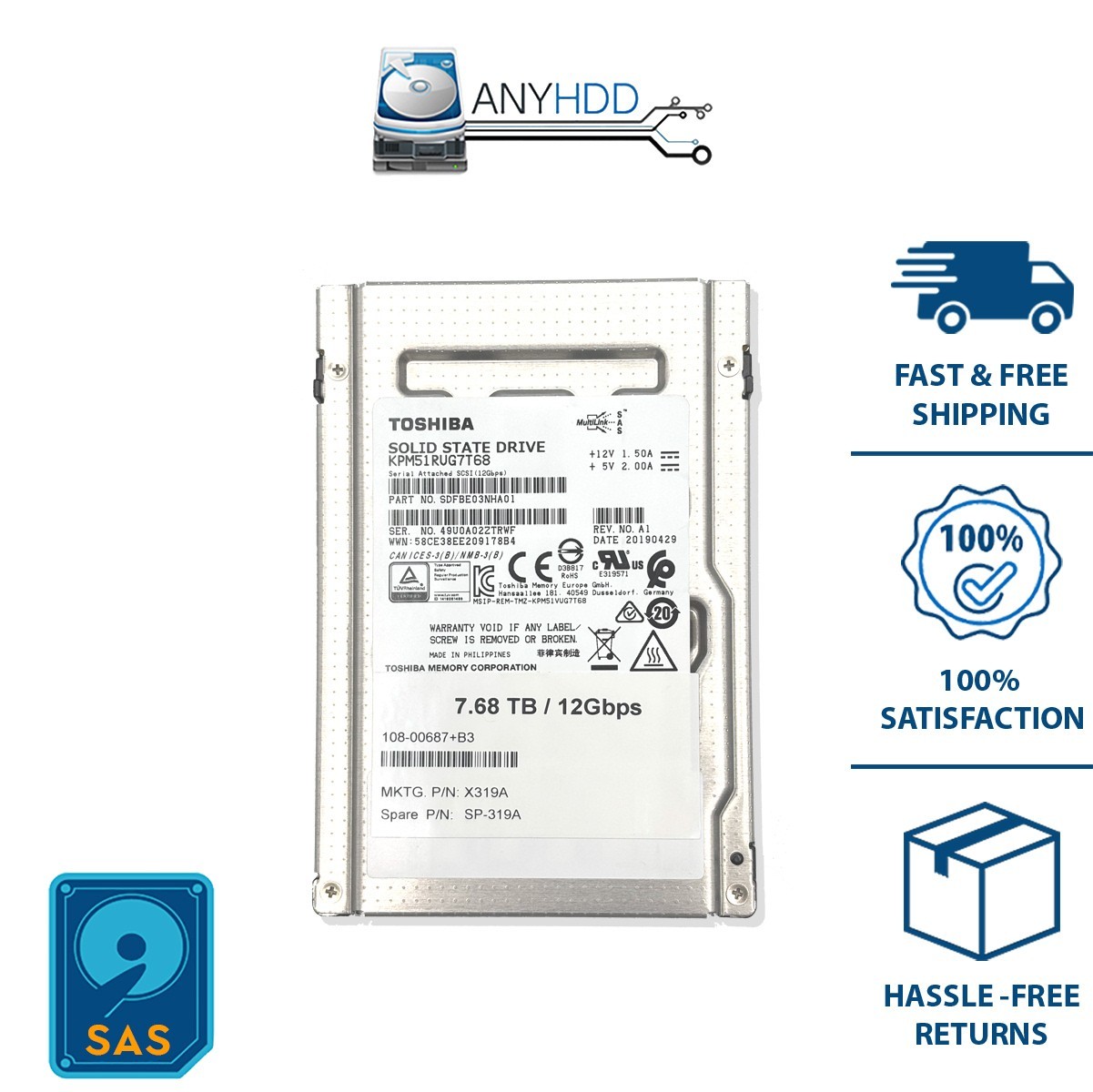 Toshiba PM5 7.68TB SAS 12Gb/s 2.5" Enterprise SSD KPM51RUG7T68 NetApp X319A