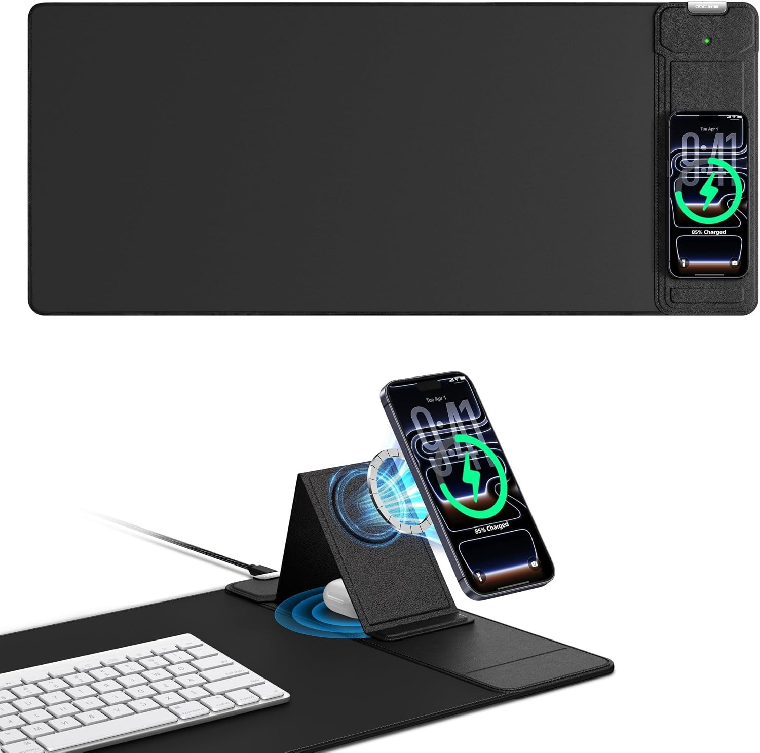 Extended Mouse Pad with Magnetic Wireless Charging & Adjustable Phone Stand