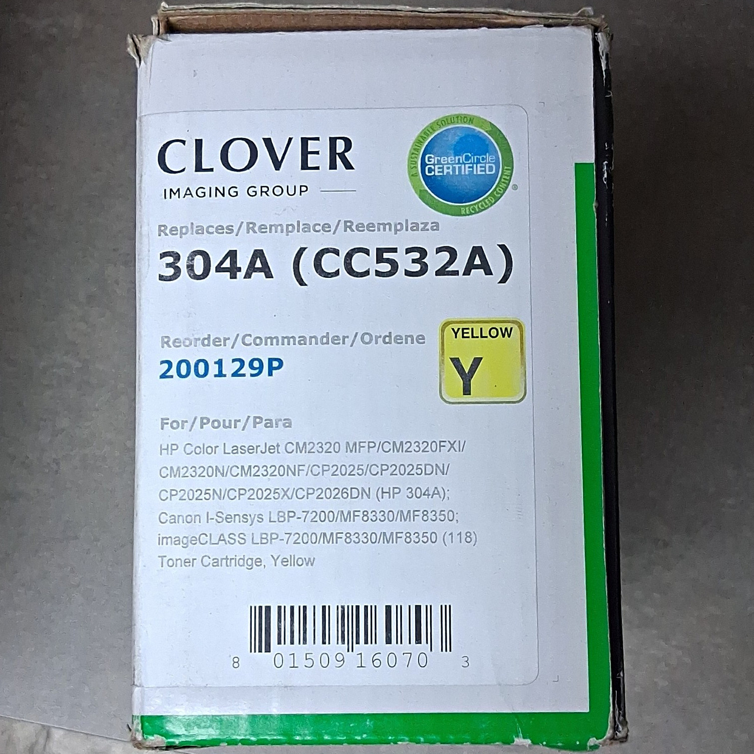 Clover 304A (CC532A) Compatible Yellow Laser Toner for HP/Canon 200129P