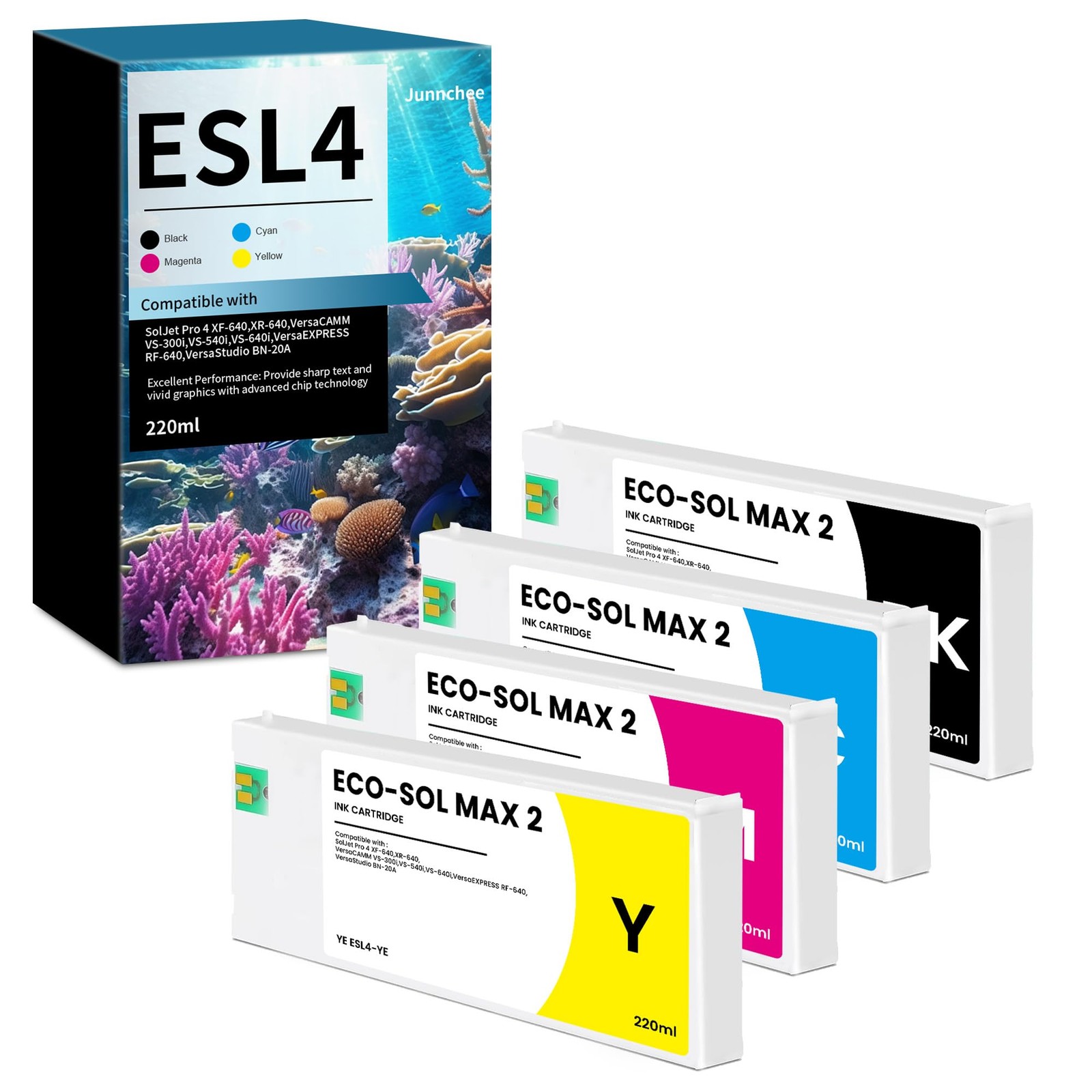 Junnchee ESL4 Ink 220ml Compatible for Roland XL, Black Cyan Magenta Yellow