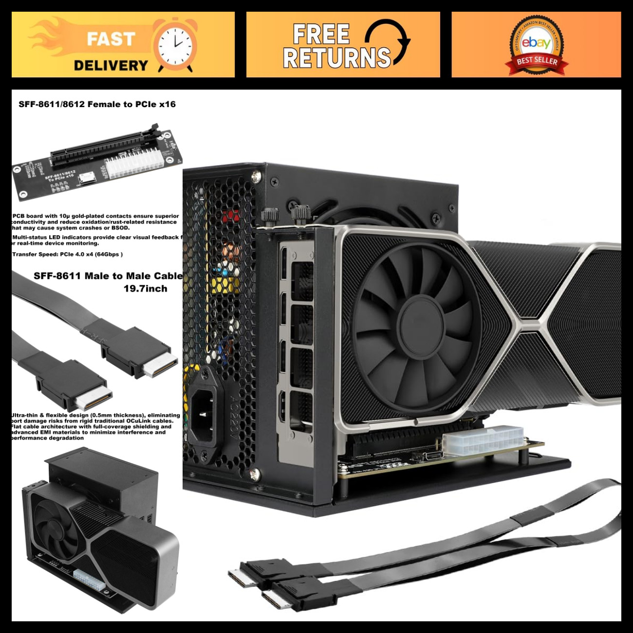 eGPU Dock PCIe 4.0 x4 64Gbps, OCuLink to PCIe x16, ATX Power Support, Mini PC Co