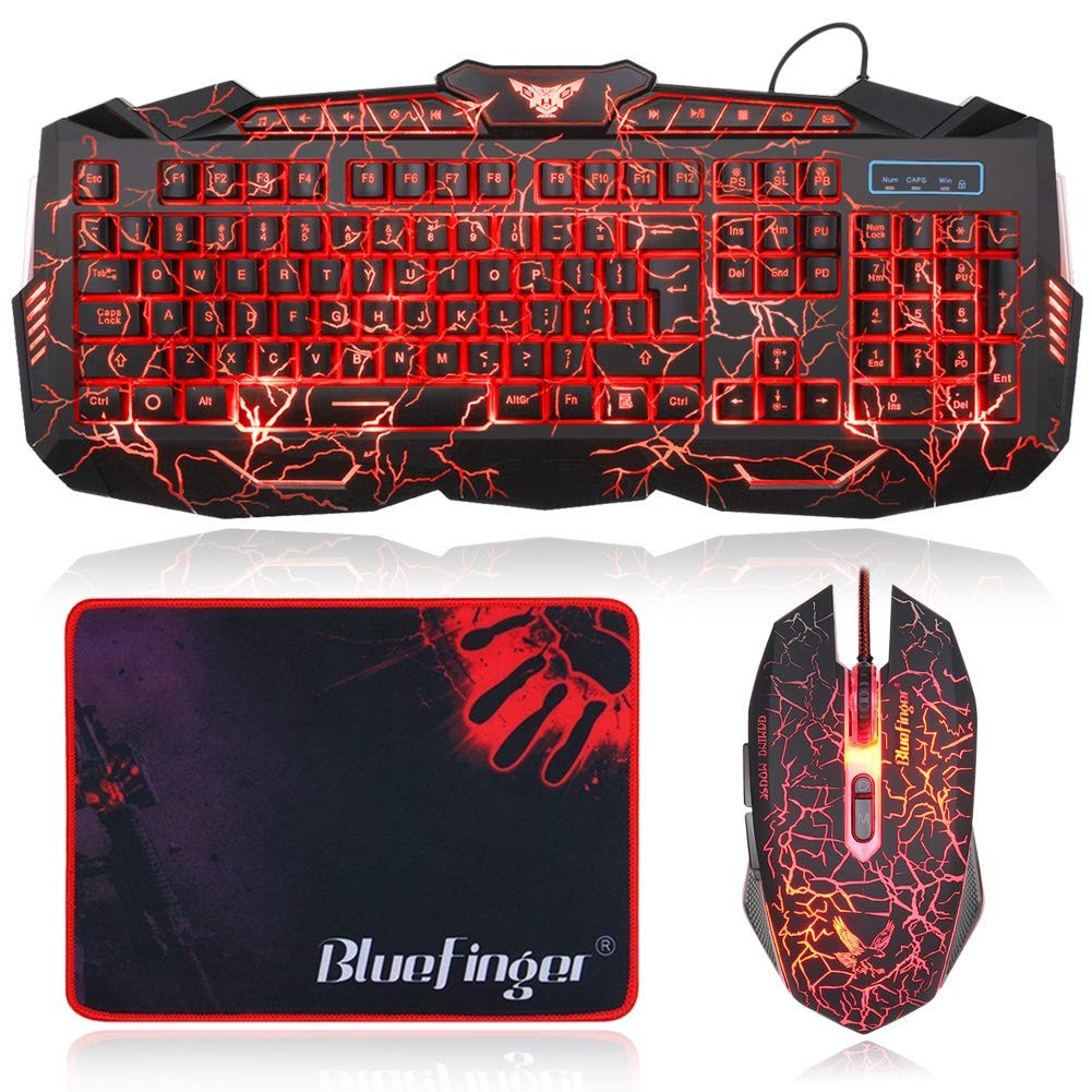 BlueFinger Backlit Gaming Keyboard and Mouse Combo,USB 11.8 x 9.8 inch, Red