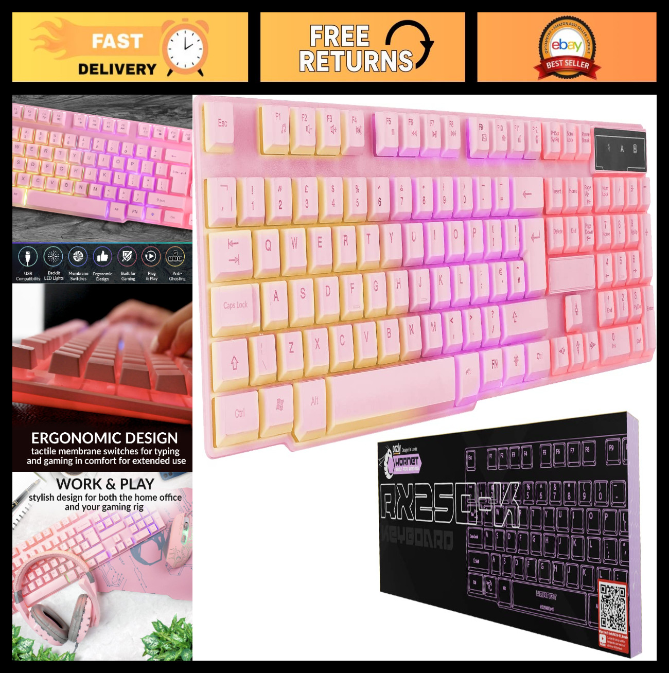 RGB Wired Gaming Keyboard - Pink Rainbow Backlit for PC, PS4, PS5, Xbox, Laptop
