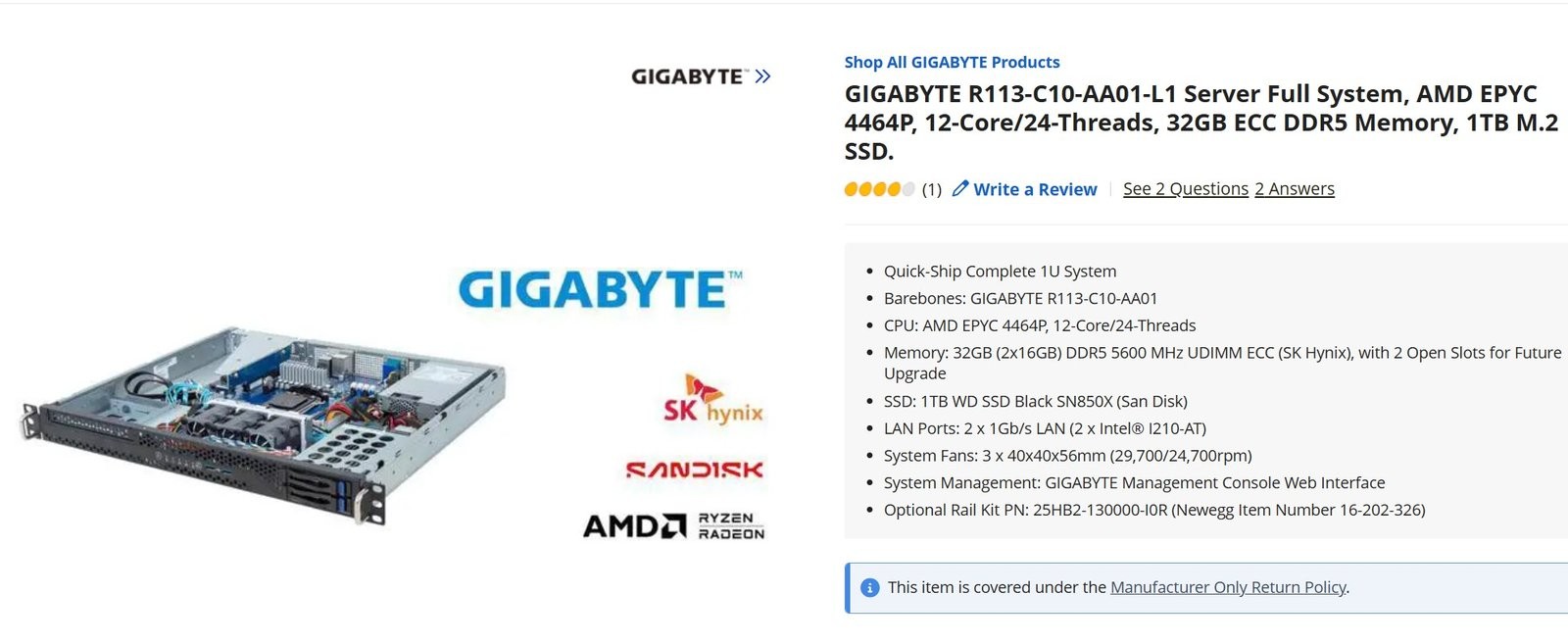 GIGABYTE R113-C10 AMD EPYC 4464P 32GB 1TB SSD 1U Server