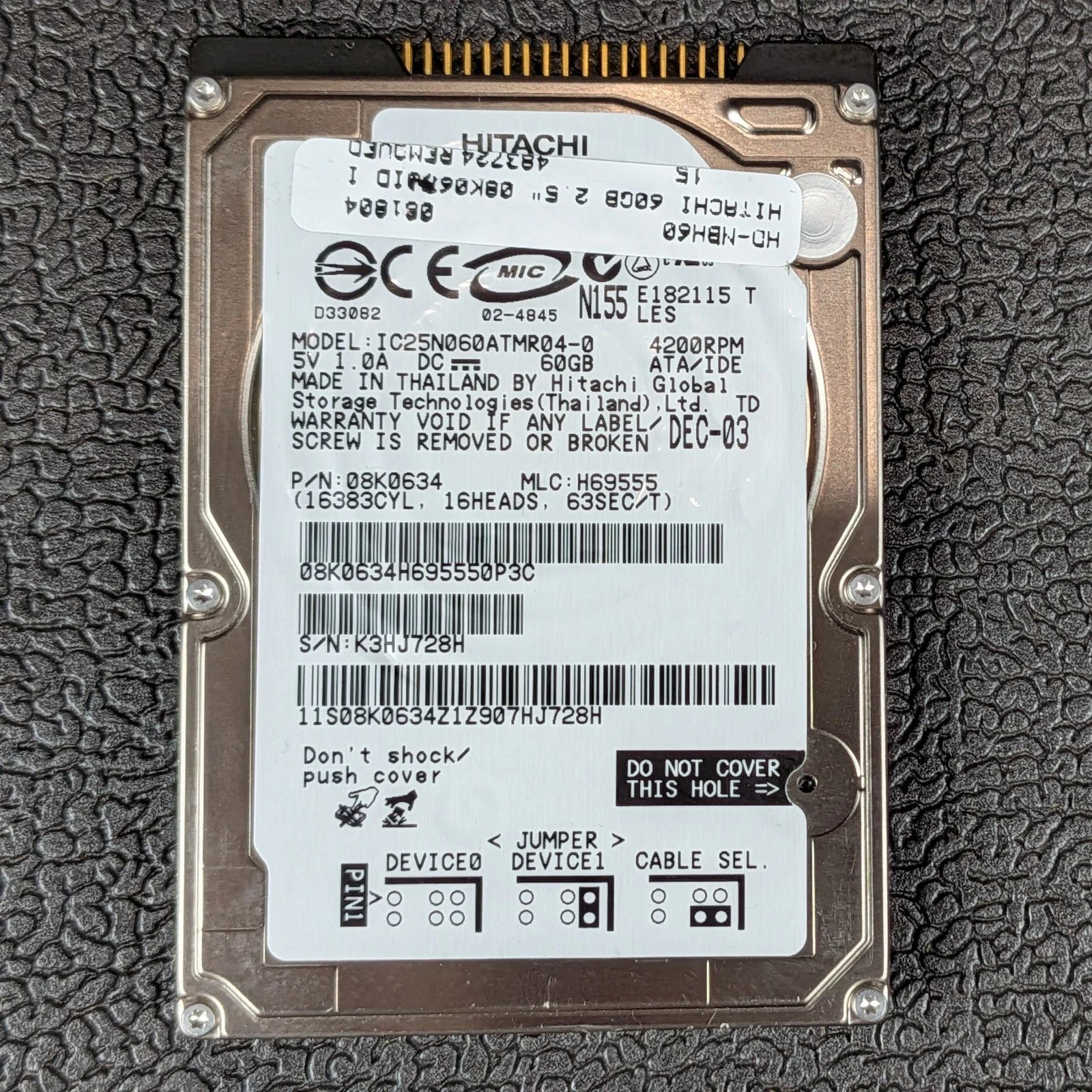 Hitachi Travelstar 80GN 60GB 2.5" IDE Hard Drive - IC25N060ATMR04-0 - TESTED