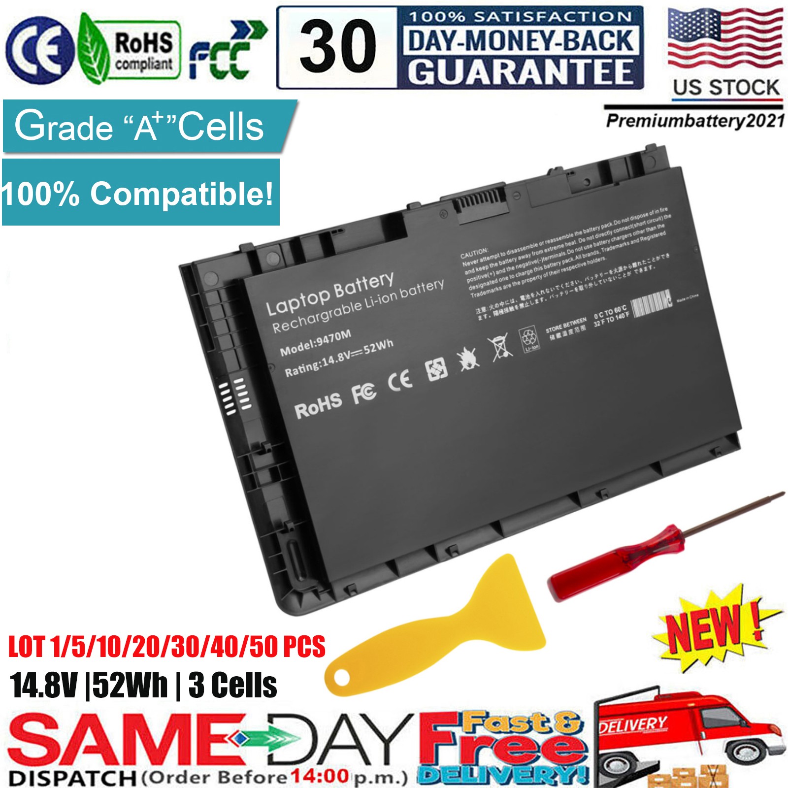 ✅LOT BT04XL Battery For HP EliteBook Folio 9470M 9480M Series 682962-001 BA06 US