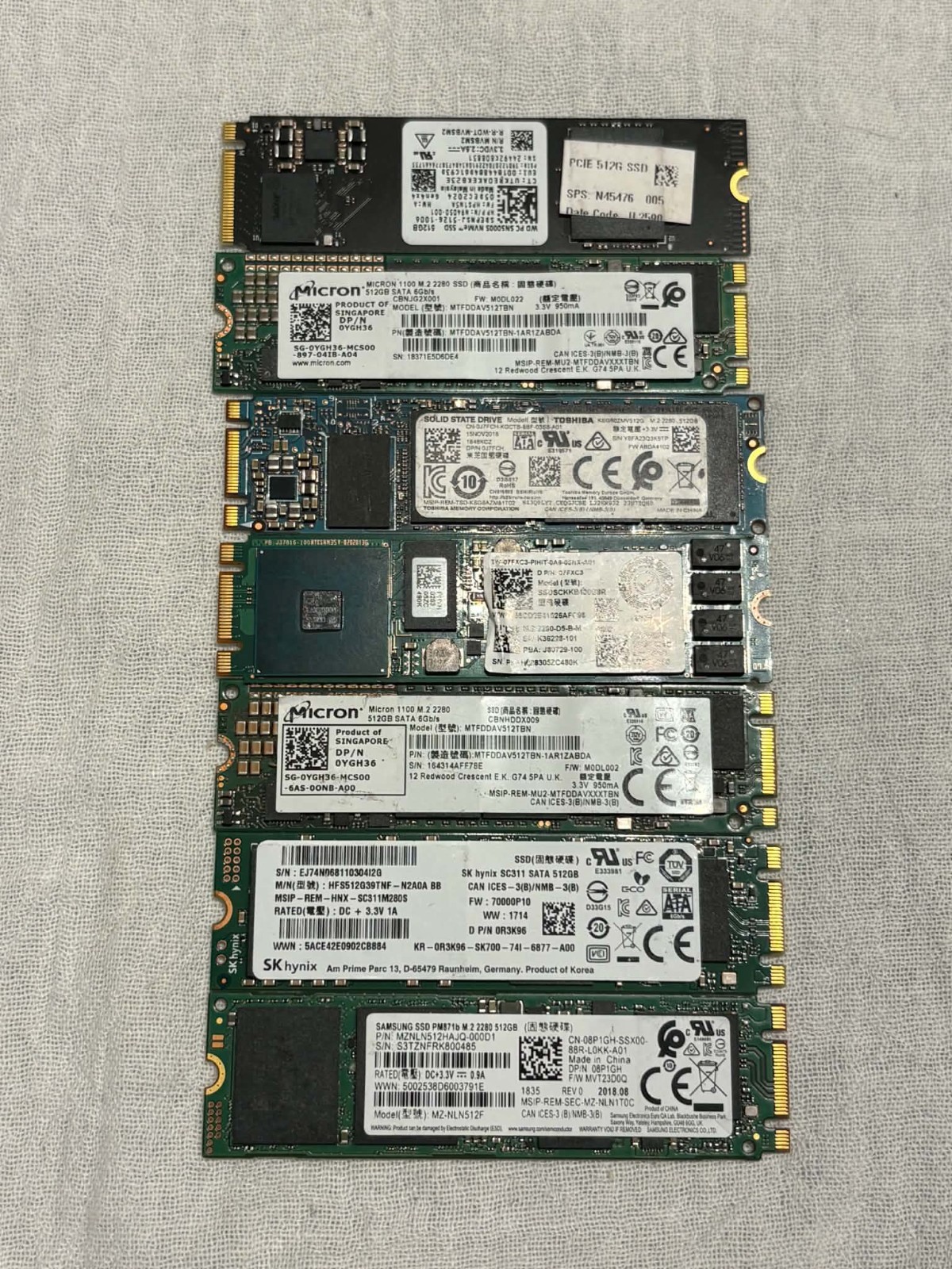 Lot of 7 x mixed 512gb SSD Laptop NVME/M2 SSD