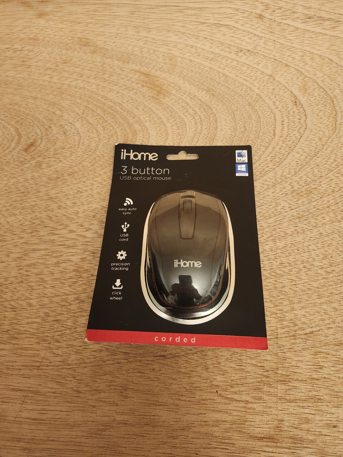 iHome Optical 3 Button Corded Precision Mouse Black Sealed New