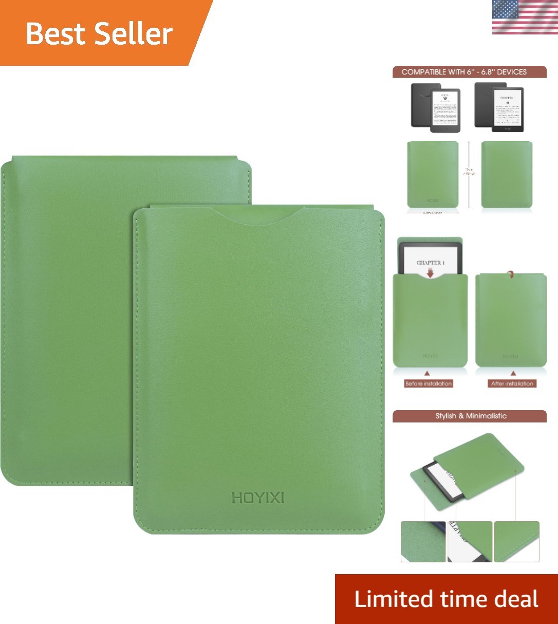 Elegant Universal Sleeve Case for 6.8" Kindle and E-Readers - Lightweight Green