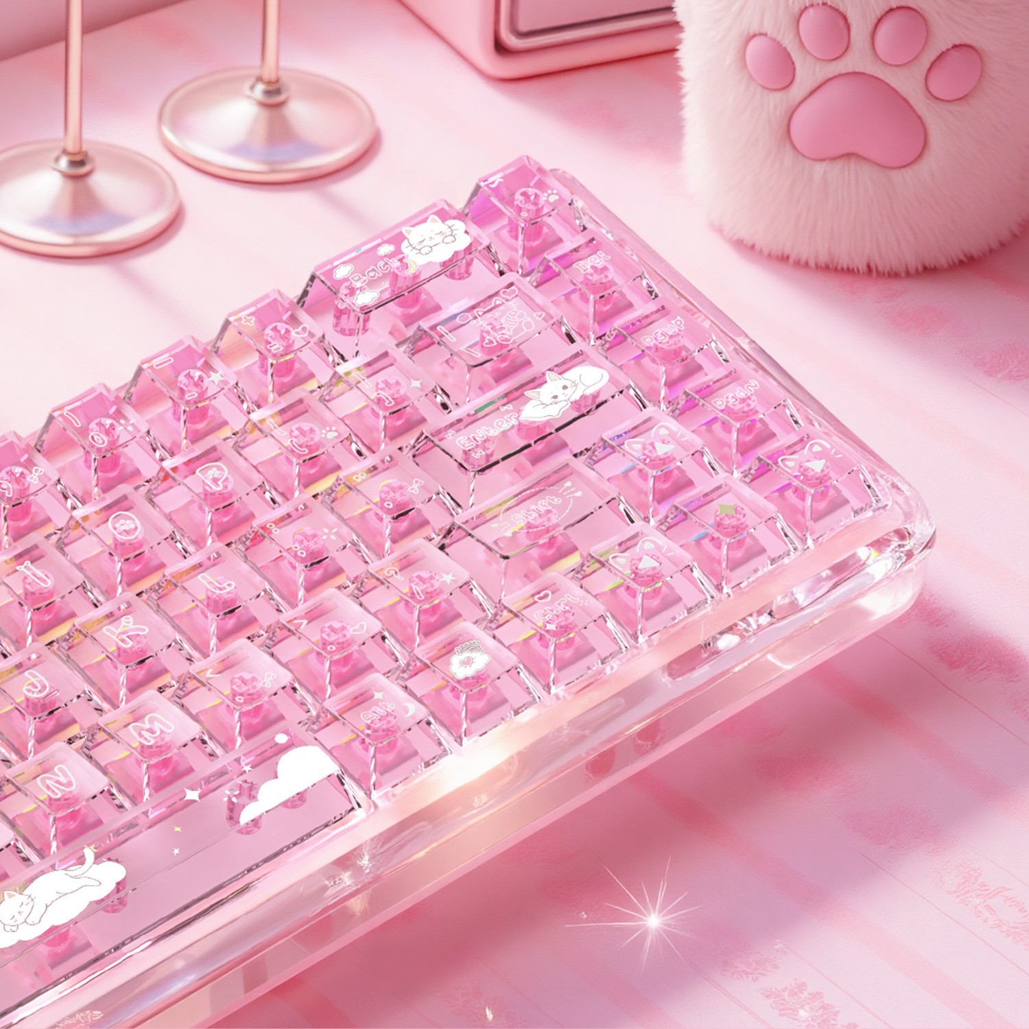 Cute Pink Transparent Keycaps Set 136 Keys PC Crystal Keycaps for Mechanical Key