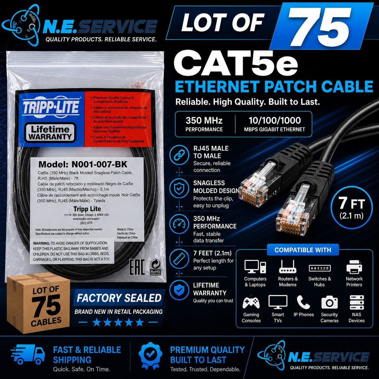 Lot of 75 Tripp Lite N001-007-BK CAT5e Ethernet Patch Cable 7ft RJ45 New 165