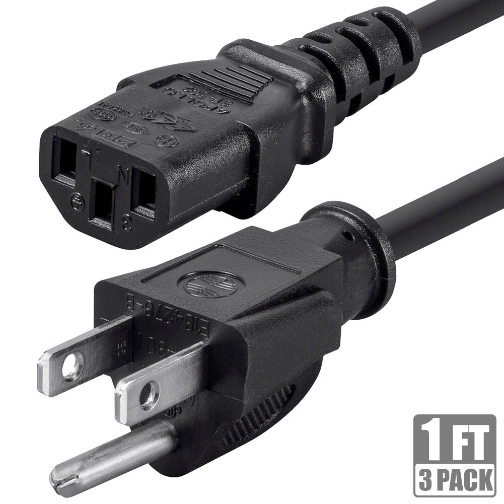 3x 1FT Power Cable Cord NEMA 5-15P Male to IEC 320 C13 Female 3-Prong 14 Gauge