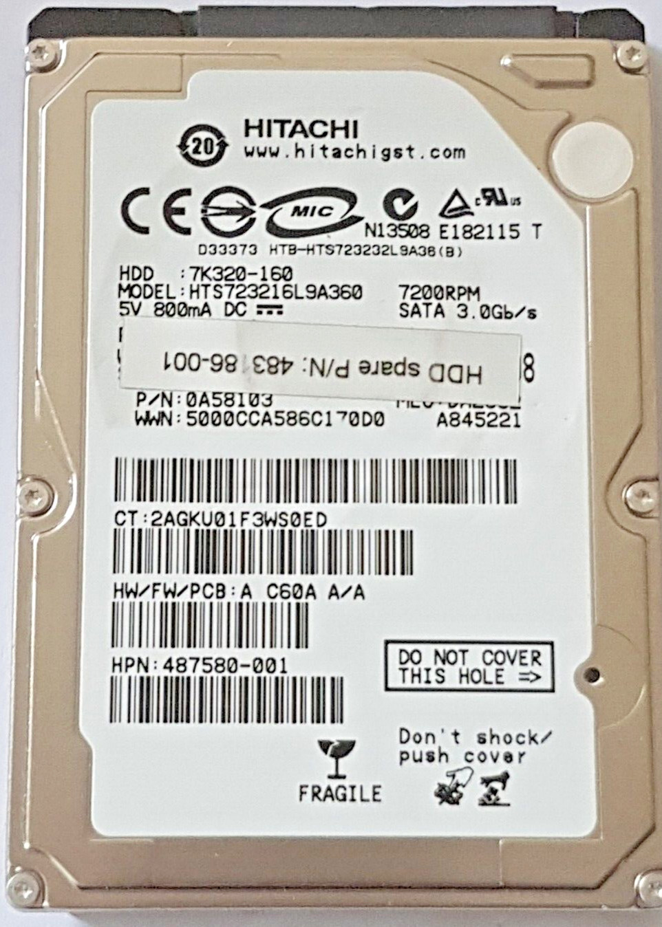HTS723216L9A360 - Hitachi 160GB 7200RPM 2.5 inch SATA Hard Drive TESTED-