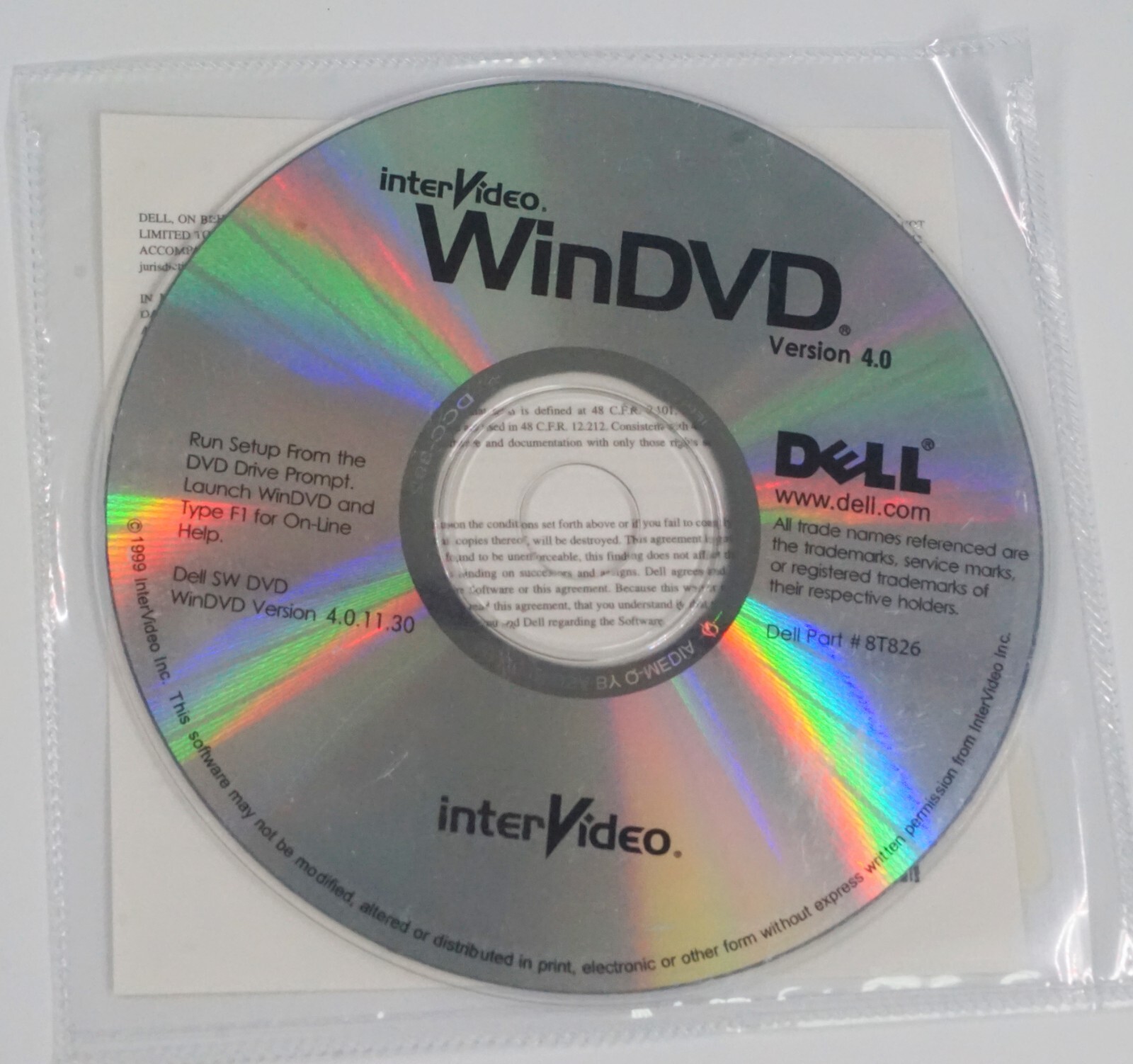 New Dell InterVideo WinDVD Version 4.0 Dell # 8T826 1999