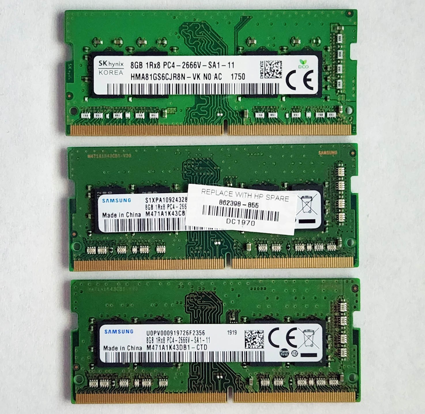 LOT of 3 - SK hynix, Samsung 8GB DDR4-2666 PC4-2666V SODIMM RAM Mixed Brand