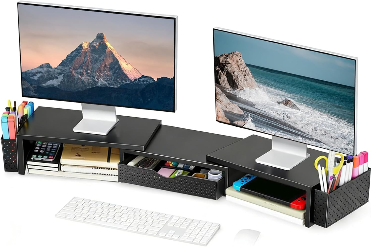 Metal Desk Organizers and Accessories, Dual Monitor Stand Riser with Drawer and
