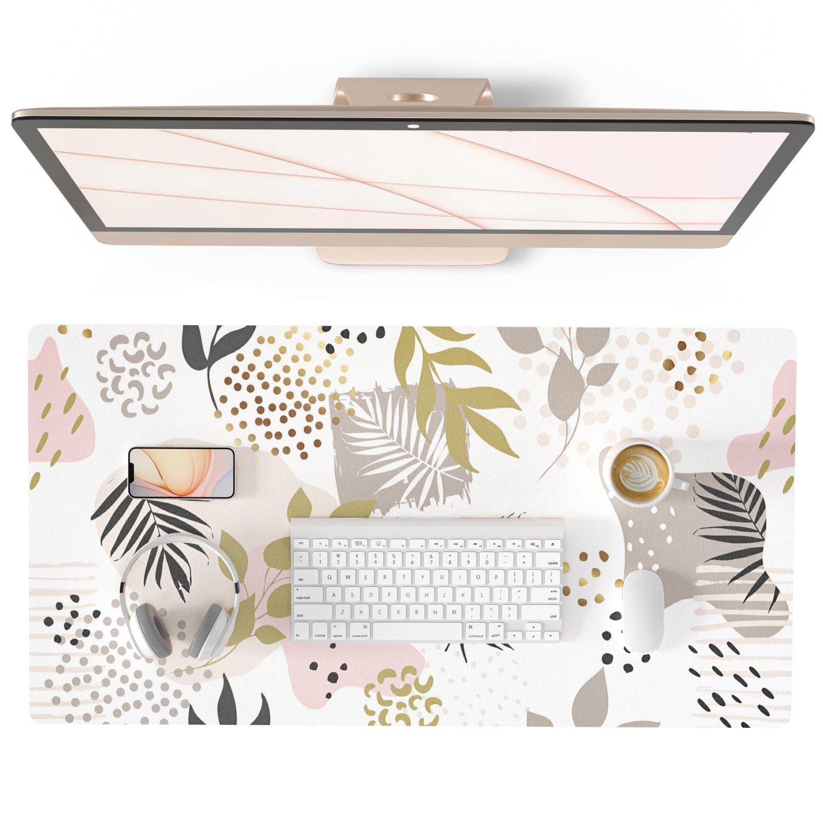 Tropical Gold Large Mouse Pad Exotic Pattern PU Leather Desk Mat 31.5x15.7