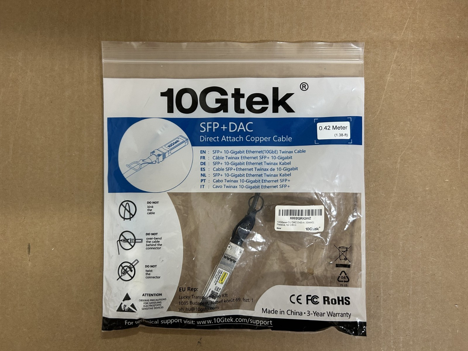 10Gtek X002QRIQWZ SFP + 10-GIGABIT ETHERNET TWINAX CABLE 