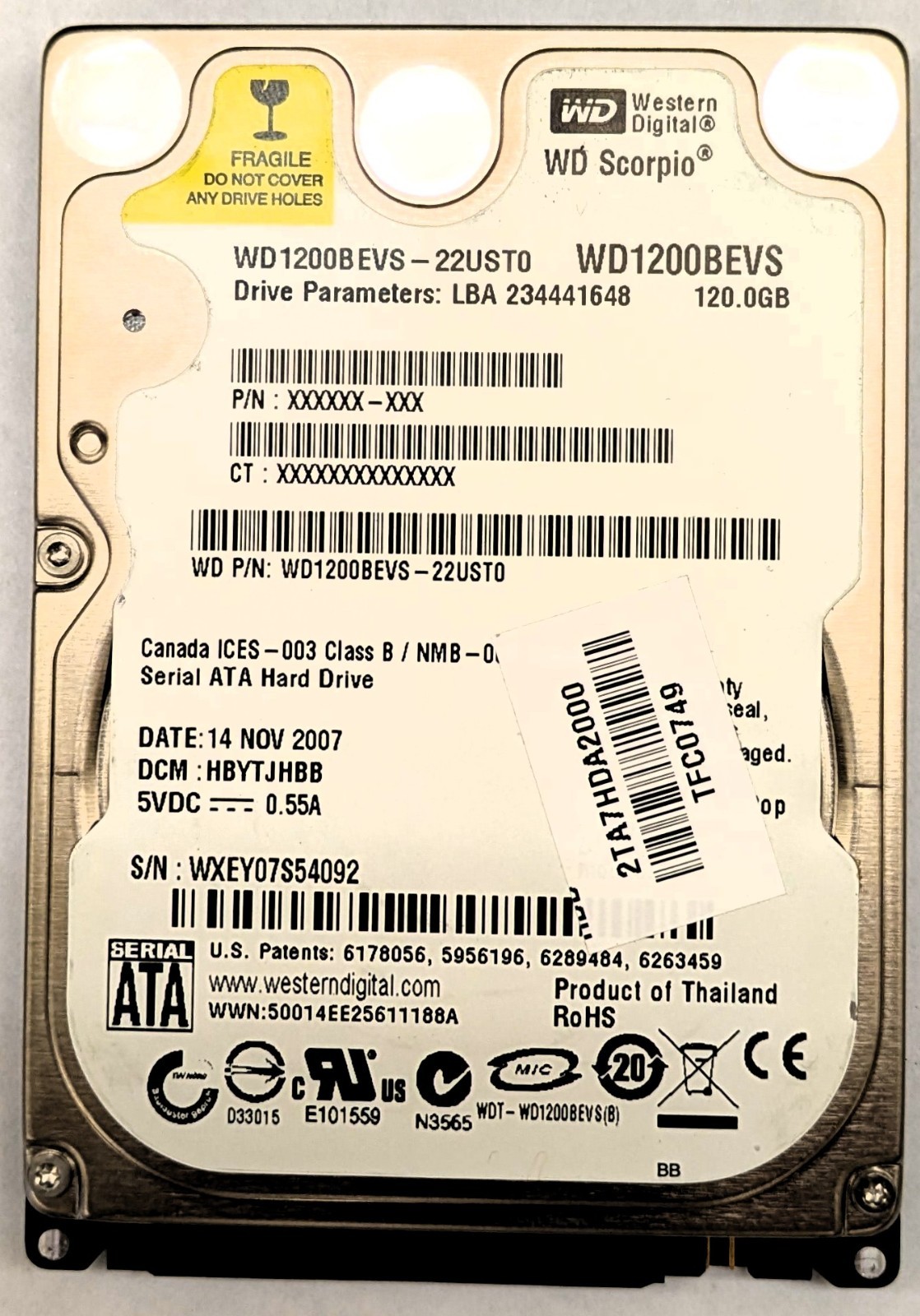 WD Scorpio 120GB 2.5" SATA Laptop Hard Drive - WD1200BEVS-22UST0 - Tested