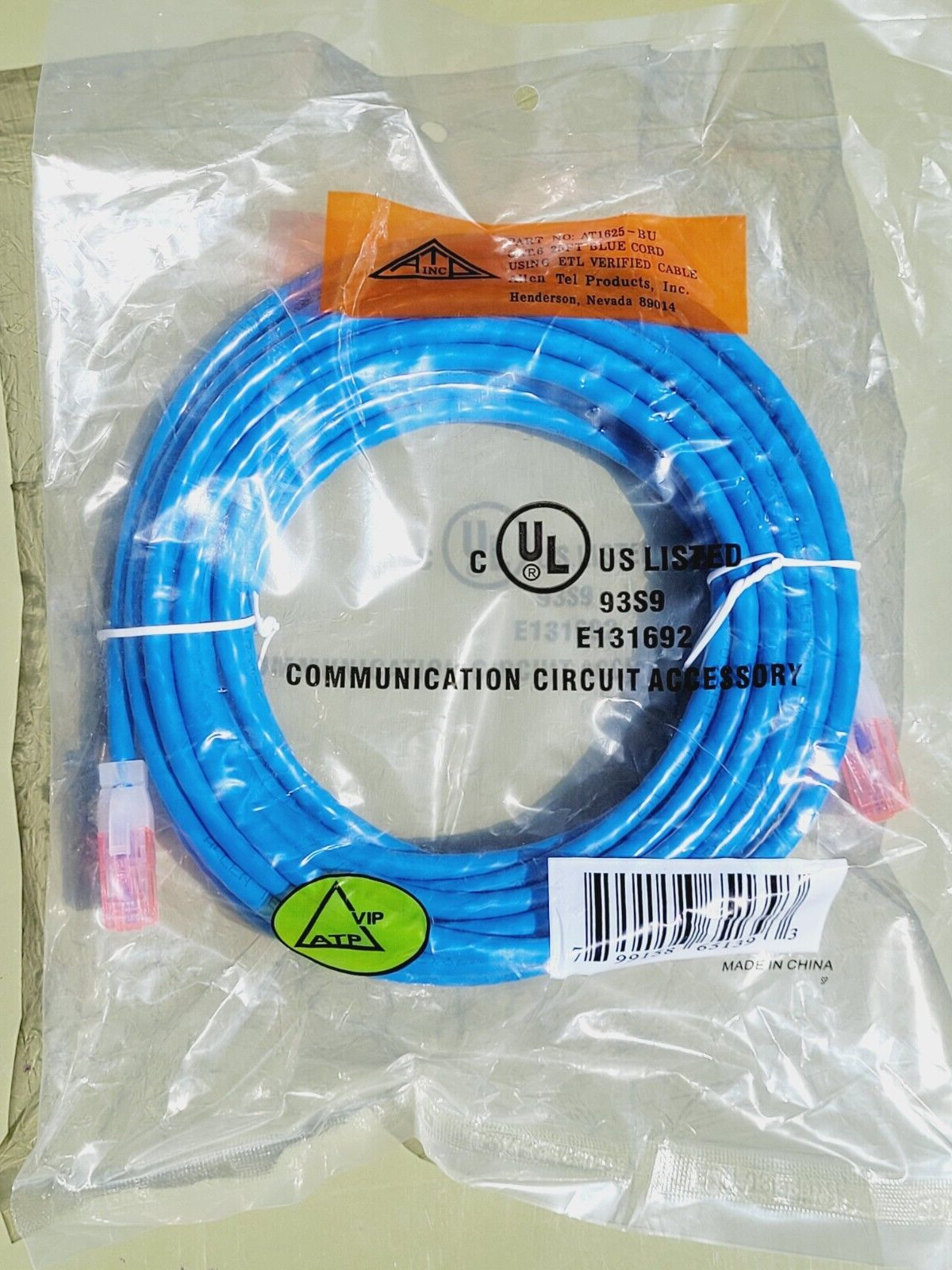 Allen Tel AT1625-BU Category 6 Patch Cord, 25-Foot Length, Blue, AT16 Series