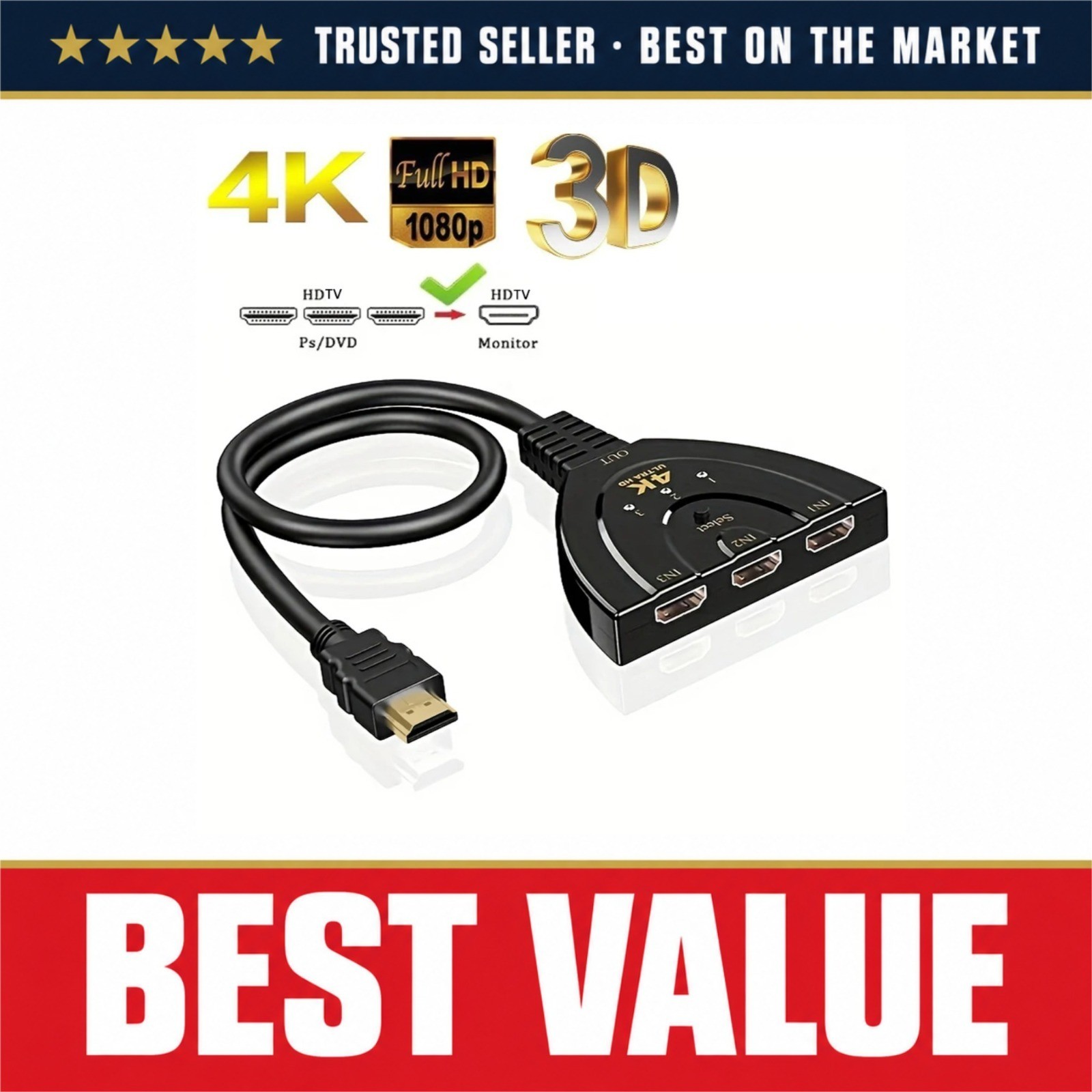 4K HDMI Switch 3 Port 3x1 Splitter 4K 2K 3D Video Switcher for Xbox PS4 PC TV