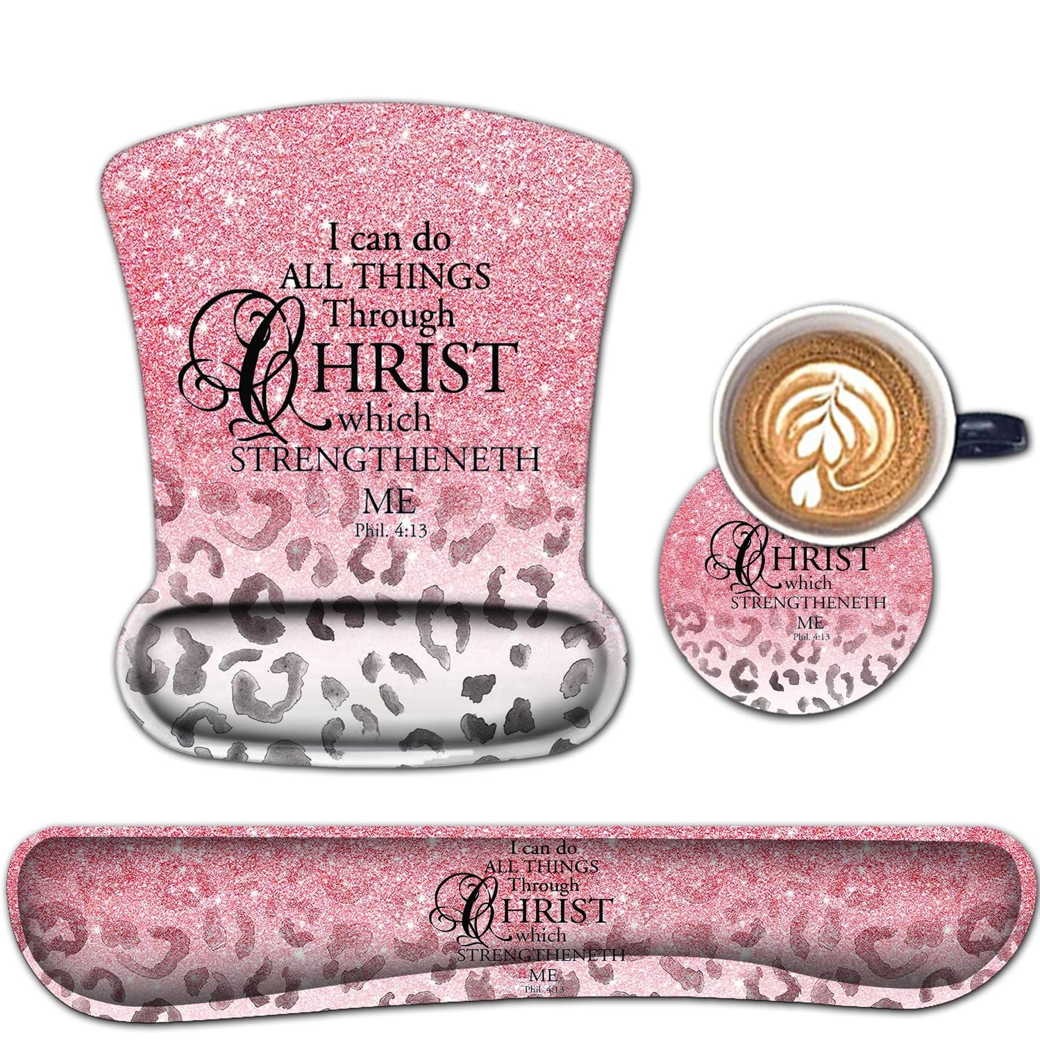 Mouse Pad Wrist Support Keyboard Rest Set Ergonomic Gel Pink Leopard Print