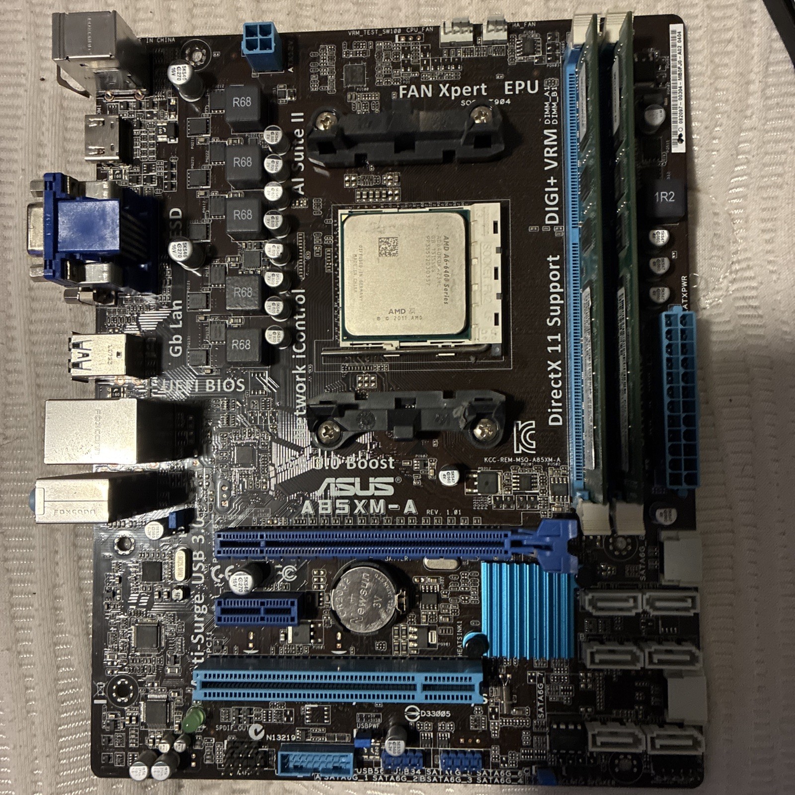 MOBO+CPU+RAM 8GB COMBO AMD A6-6400 ASUS A85XM-A Socket FM2 + CPU cooler w/ I O