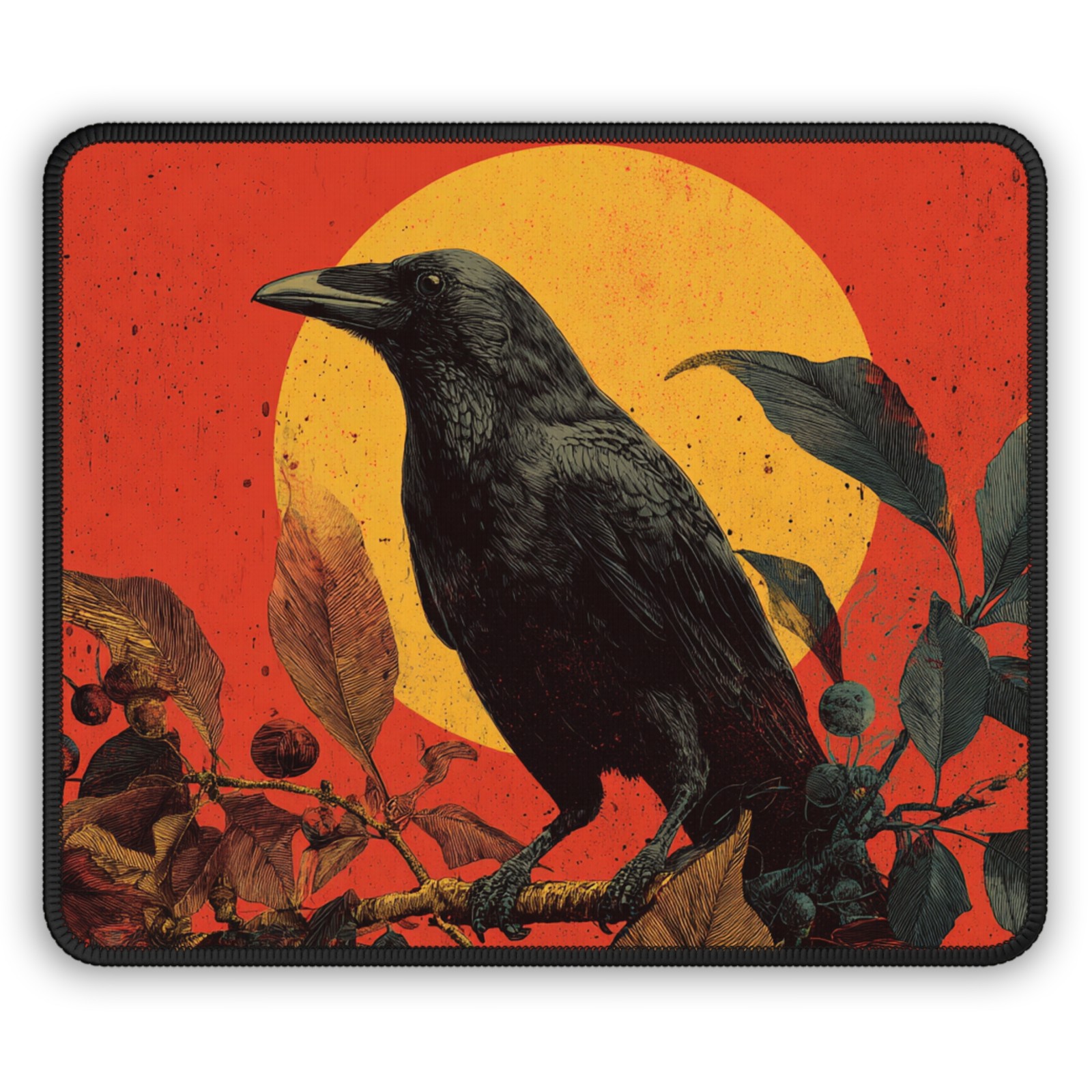 Raven on Branch Gaming Mouse Pad | Retro Sun Crow Artwork