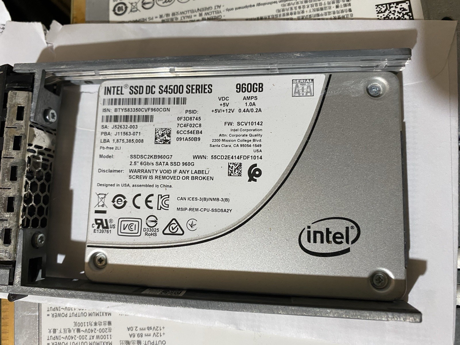 Intel DC S4500 960GB 2.5” SATA Enterprise SSD SSDSC2KB960G7 w/ Caddy