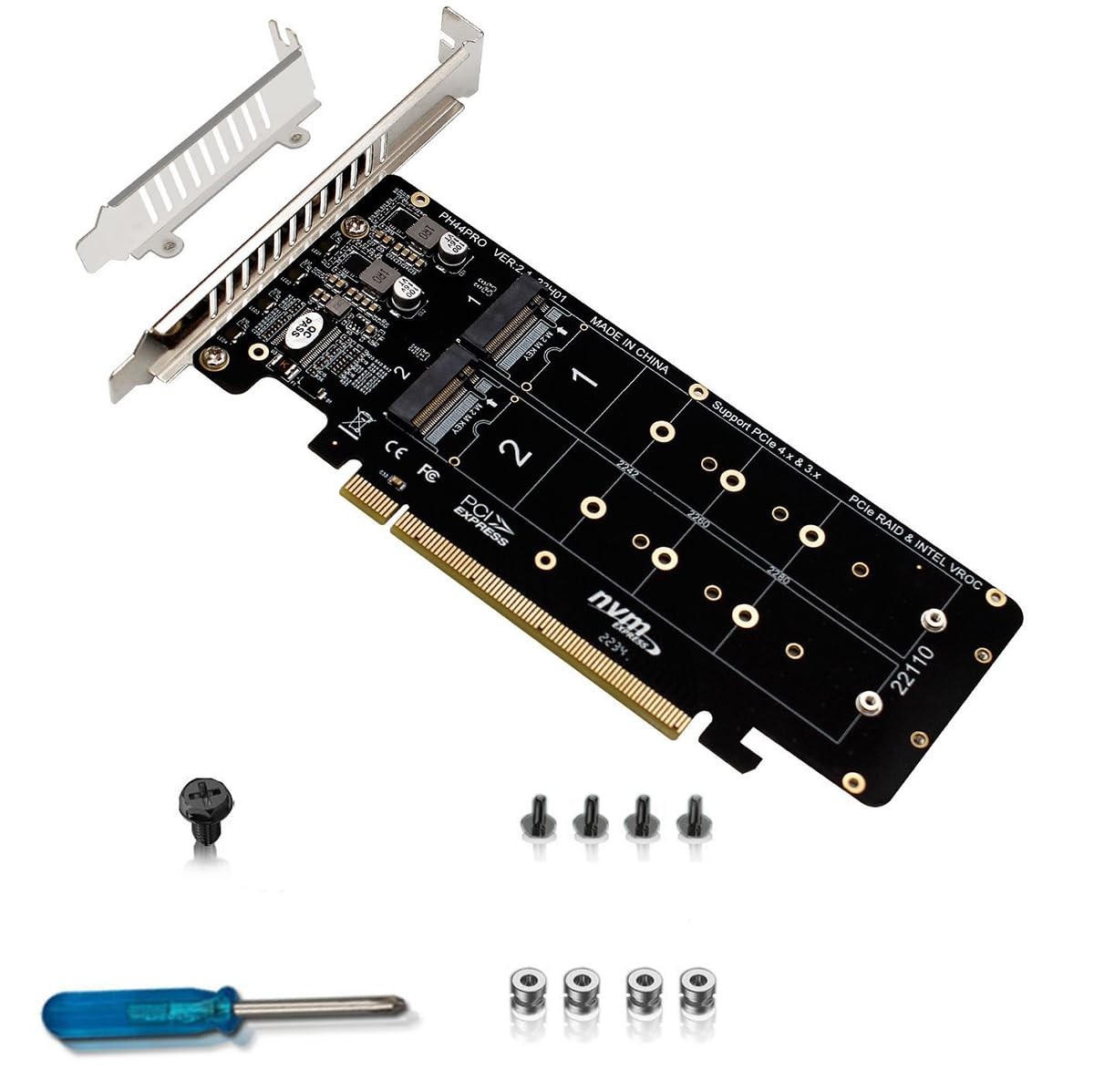 PH44PRO Dual-Sided 4* M.2 M-Key NVME to PCIe X16 Splitter Card 4 * 32Gbps 2U Ser