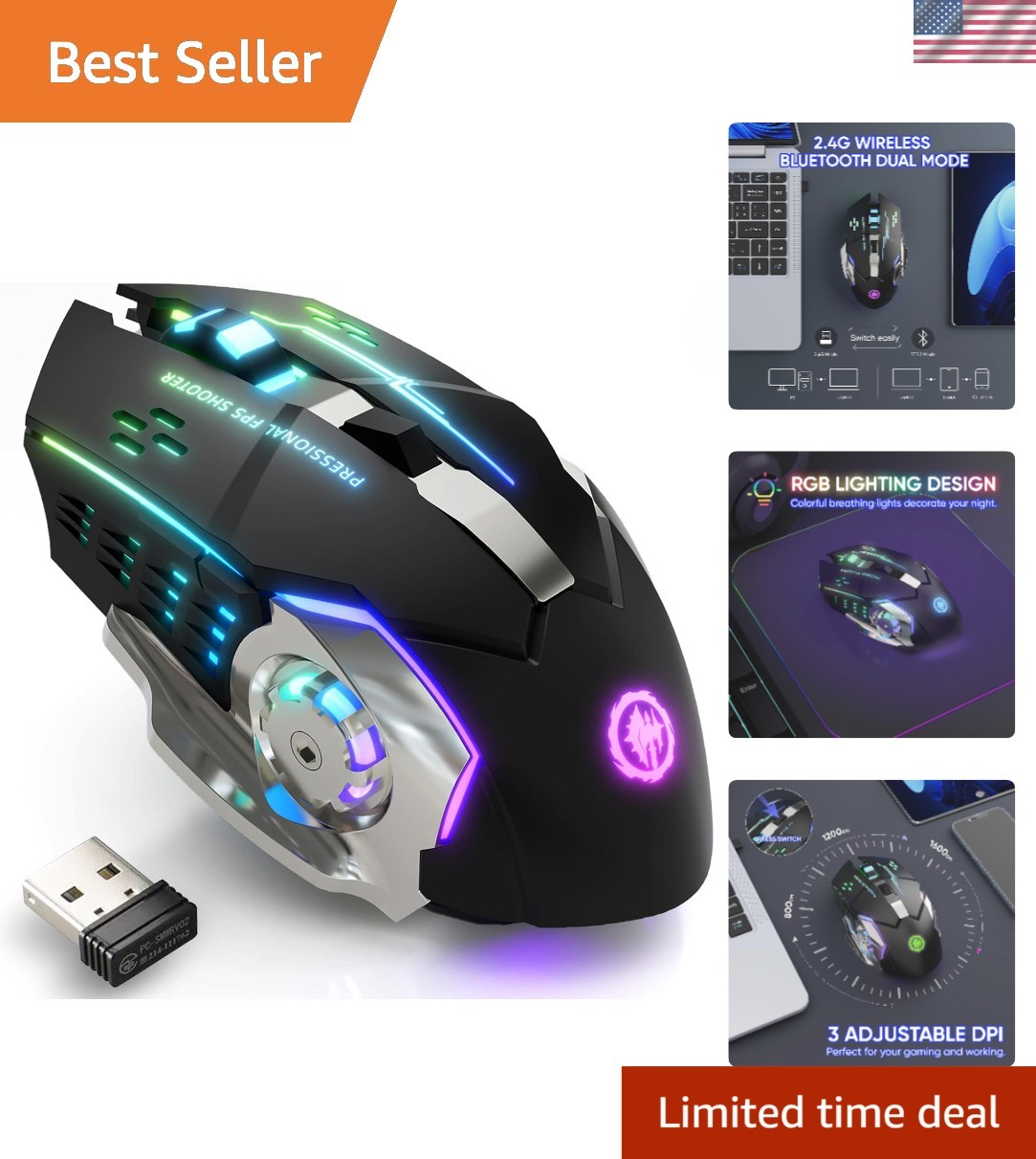 Stylish Wireless Gaming Mouse - RGB, Ergonomic Design & Rechargeable Battery