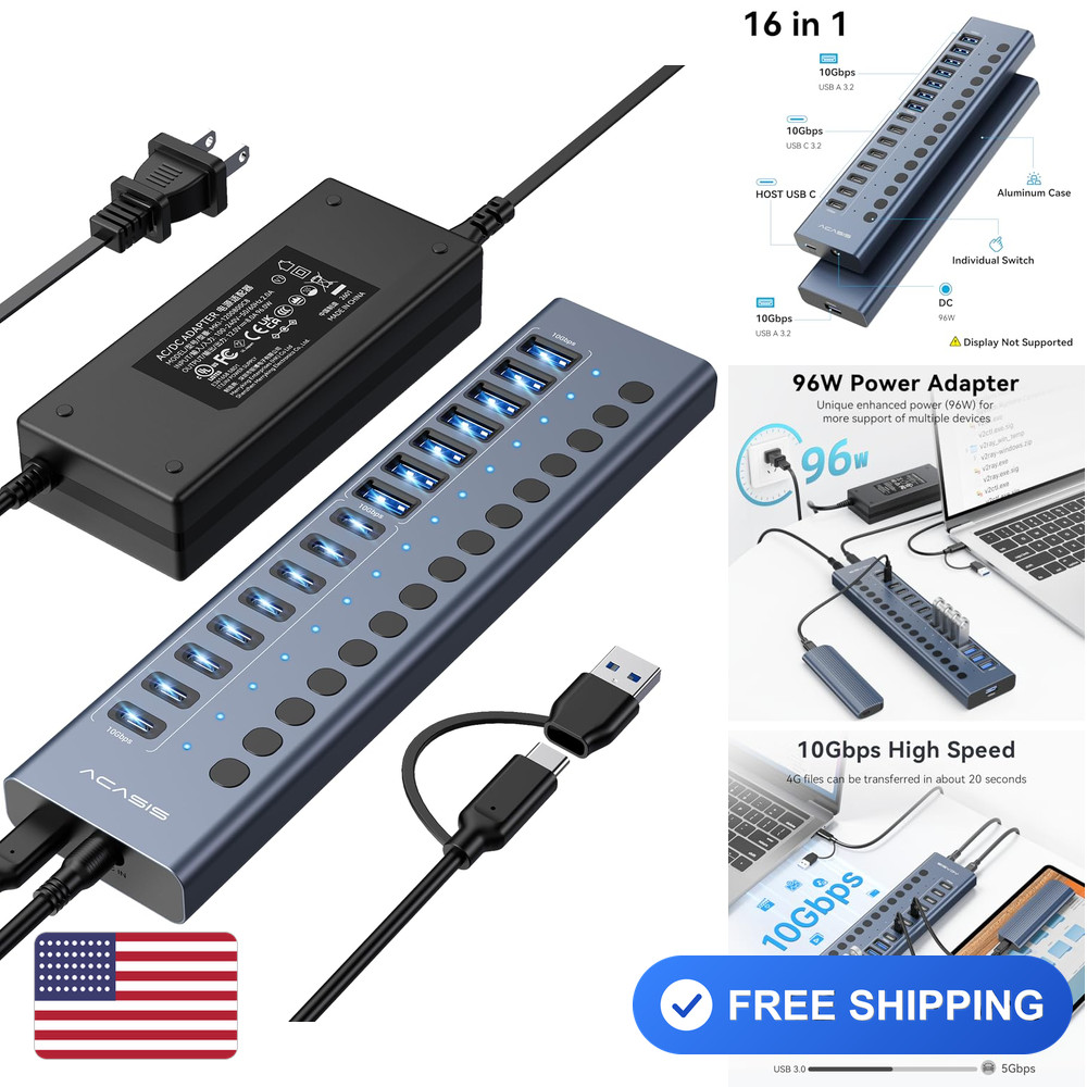 ACASIS 16 Port USB Hub Gray Aluminum 10Gbps Powered USB 3.2 HB16PRO