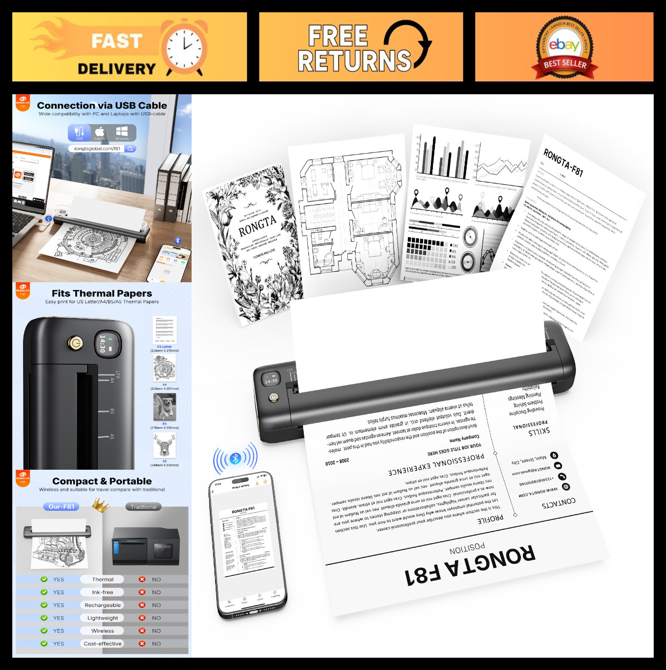 Portable Wireless Bluetooth Thermal Printer for Travel, School & Home Use - Comp