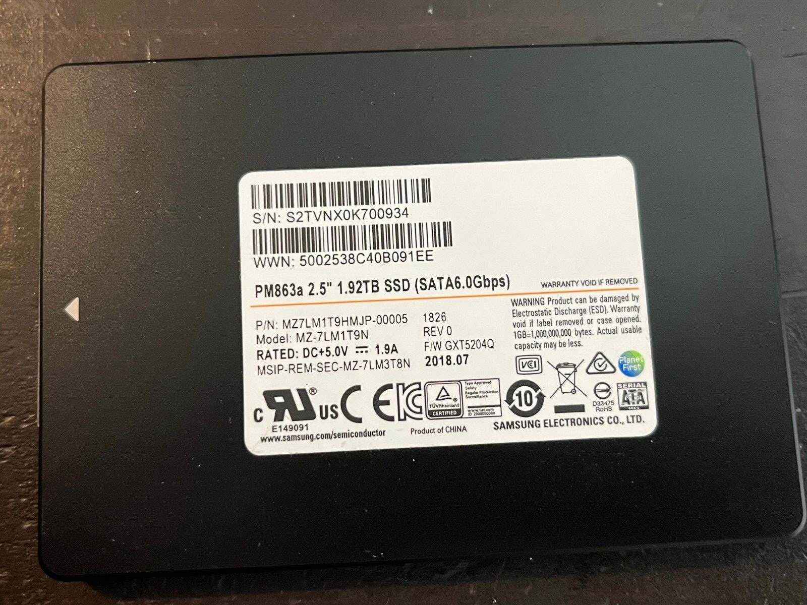 Samsung PM863a 2.5"1.92TB SSD SATA 6.0Gpbs Solid State Drive MZ-7LM1T9N