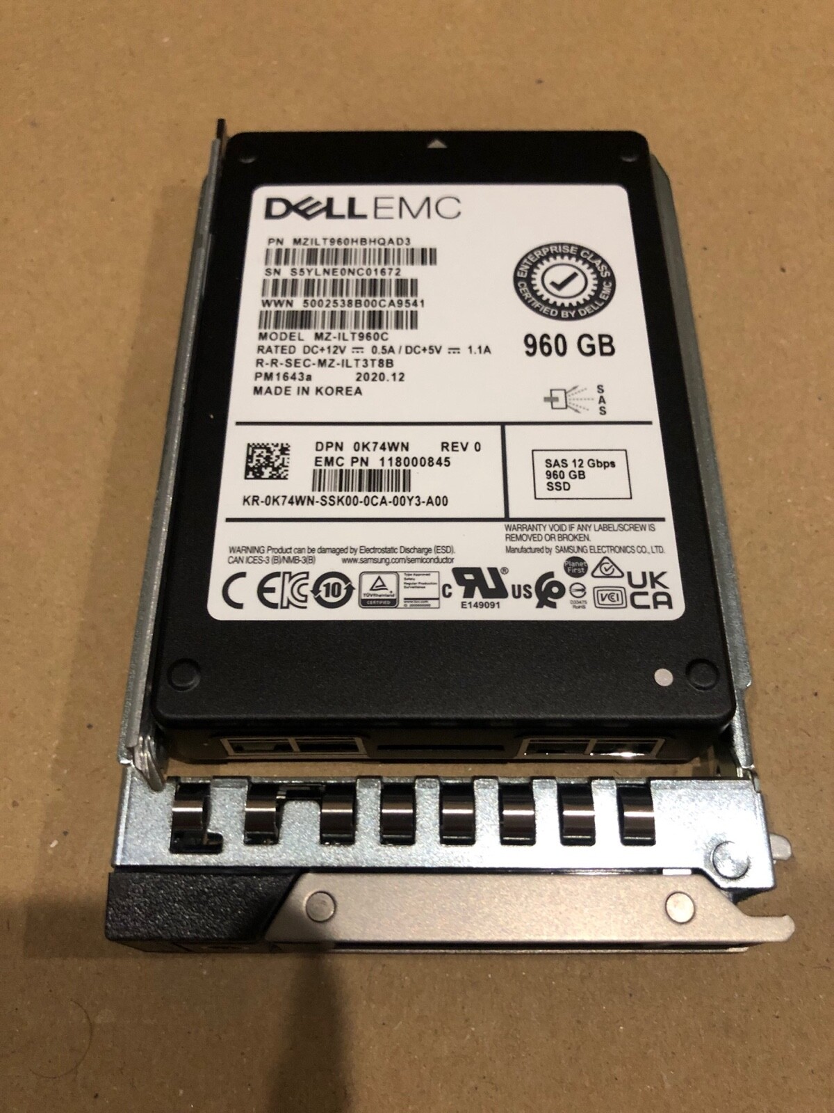 Dell EMC 960GB SAS 12Gb/s Enterprise SFF SSD w/ Tray 0K74WN PM1643a