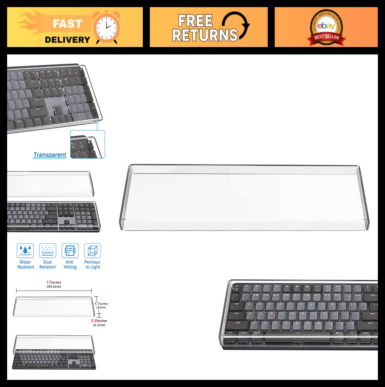Clear Acrylic Dust Cover for 104-Key Mechanical Keyboard - Full Size Protection
