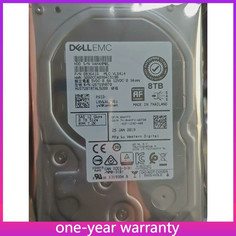 1PCS HUS728T8TAL5200 Dell WD 44YFV 8TB SAS 3.5" HDD 12Gbps 7.2K RPM 512e Hard D