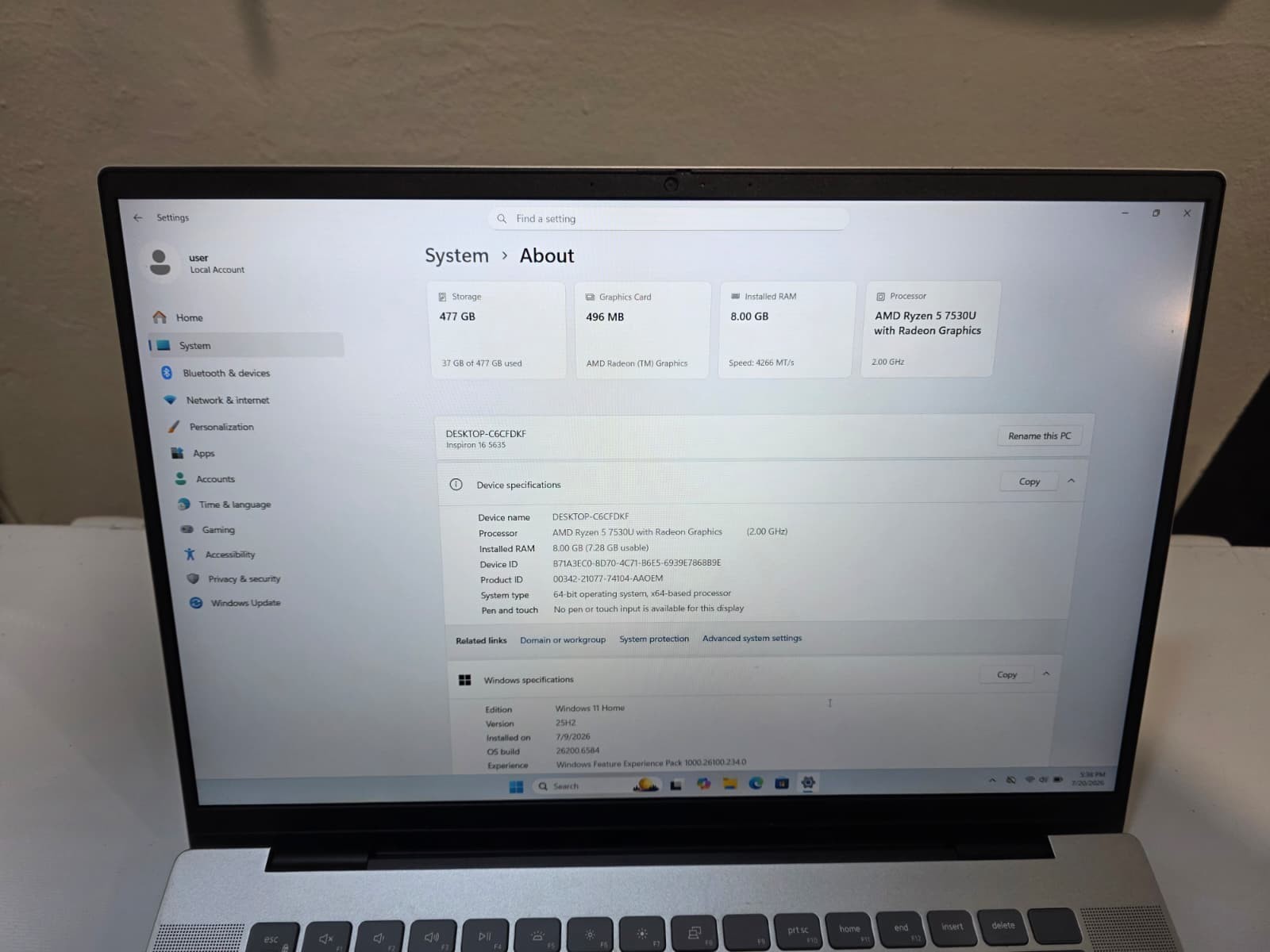 Dell Inspiron 16 5635 — AMD Ryzen 5 7530U | 8GB RAM | 512GB SSD | 16" FHD+