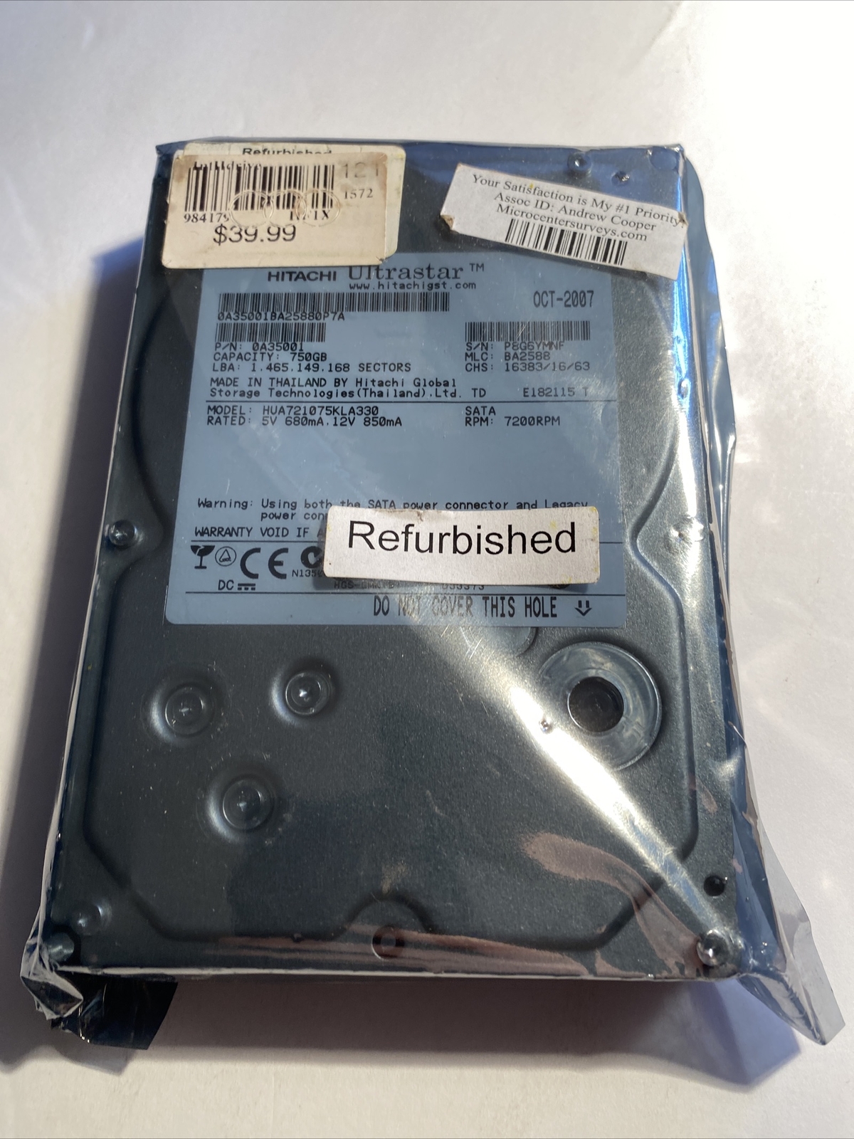 Hitachi Ultrastar 750GB HUA721075KLA330  7200 RPM Refurbished zae