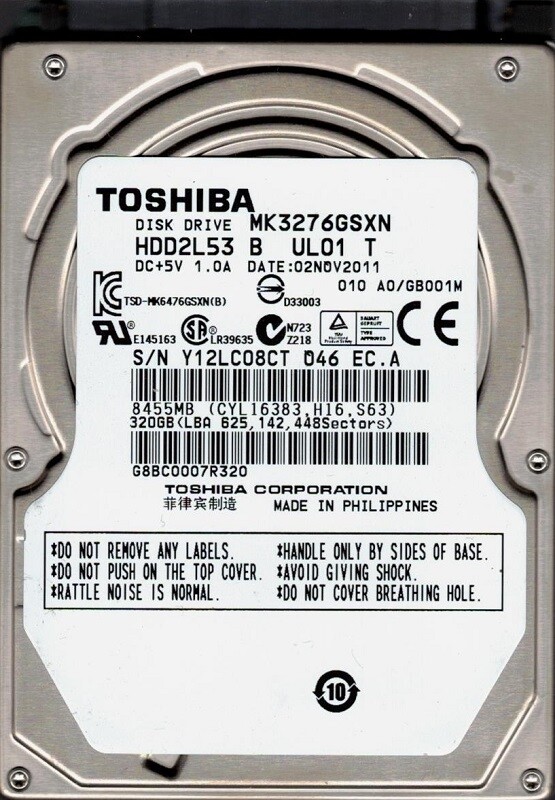 Toshiba MK3276GSXN HDD2L53 B UL01 T 320GB F/W: A0/GB001M