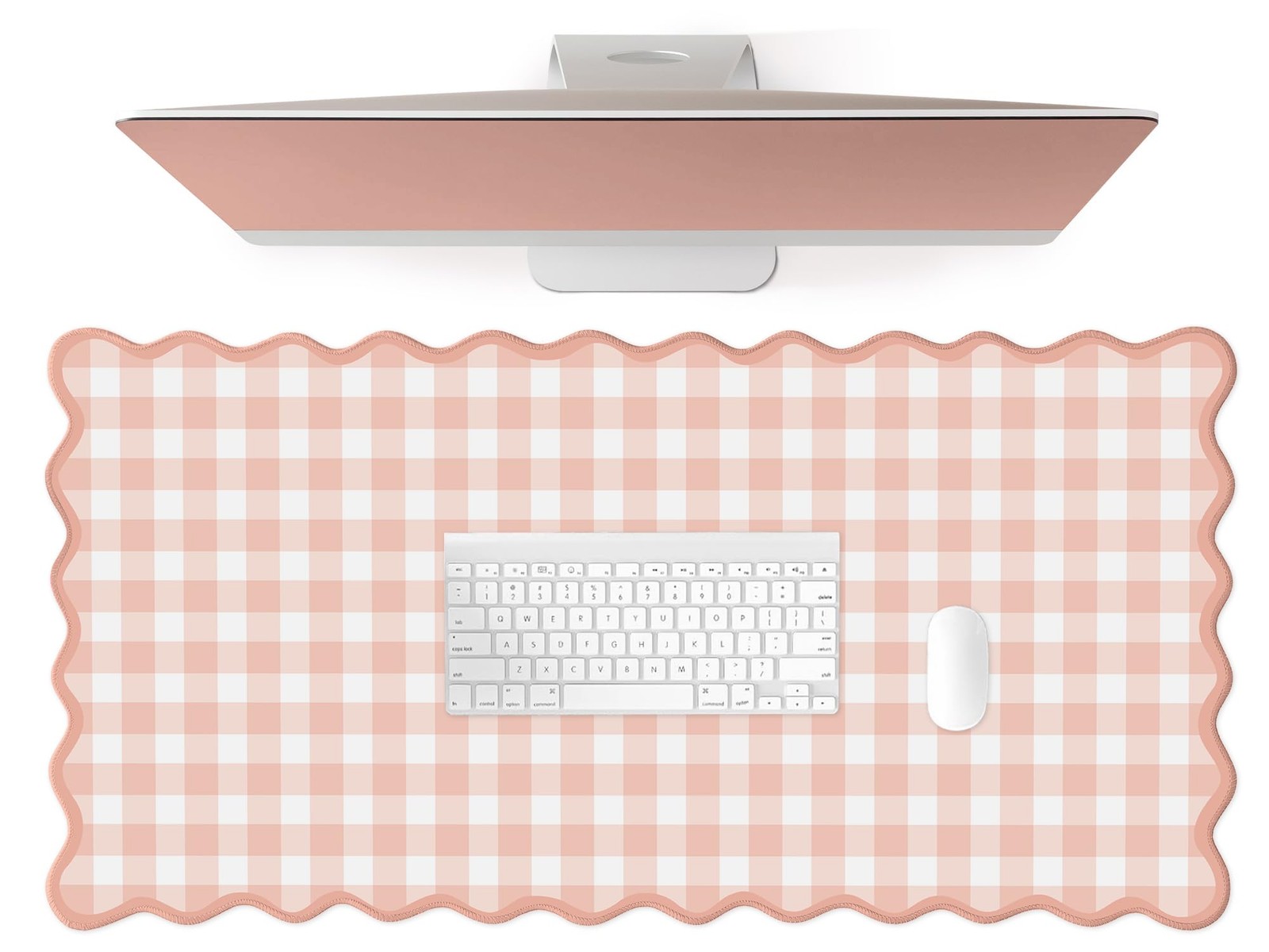 Scalloped‌ Pink Checkered Gingham Desk Mat Cute Pastel Large Mouse Pad Kawaii...