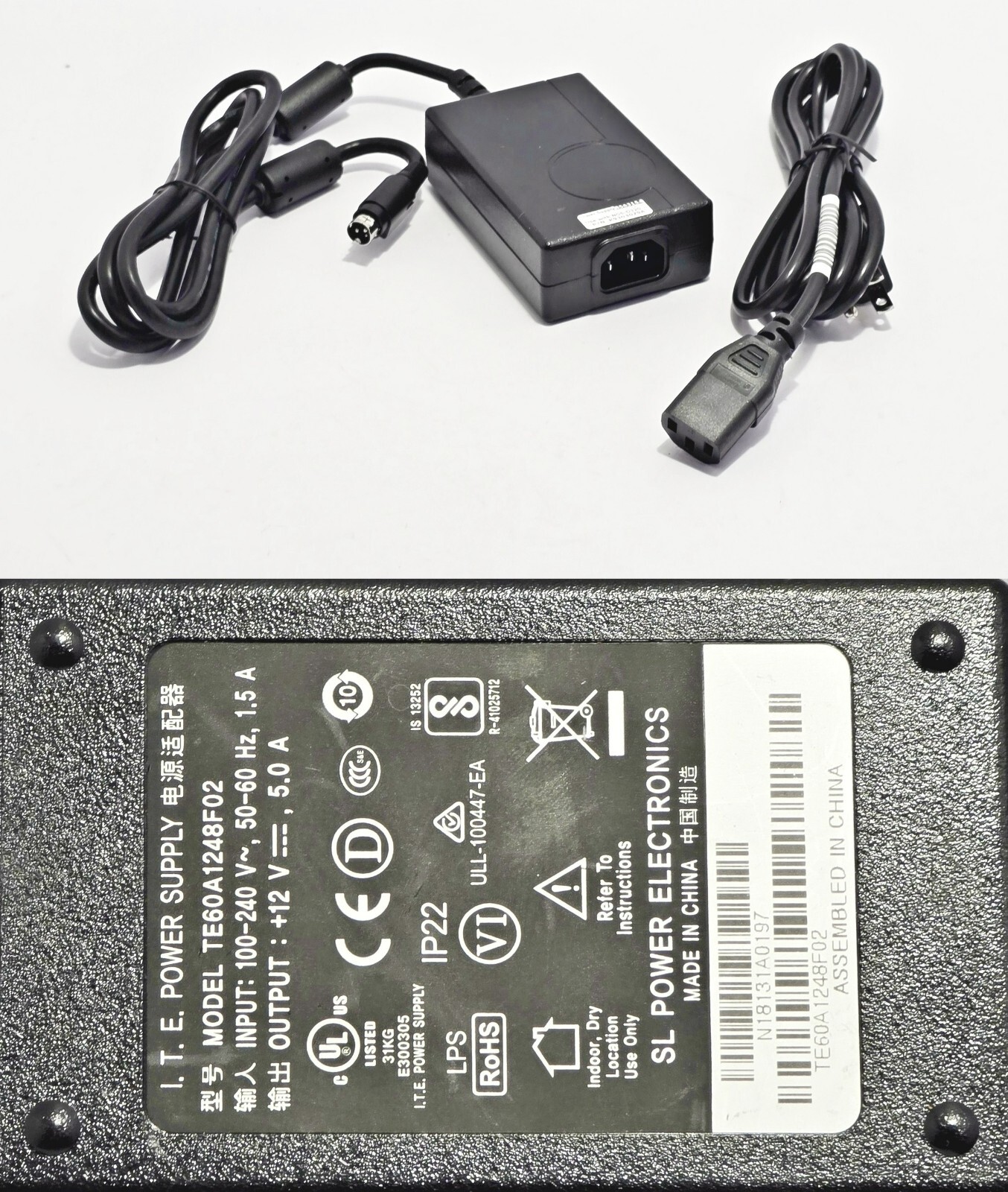 NEW SL Power Plug-In 3-Pin AC DC Adapter TE60A1248F02 12V 5A  60W w/ AC Cord