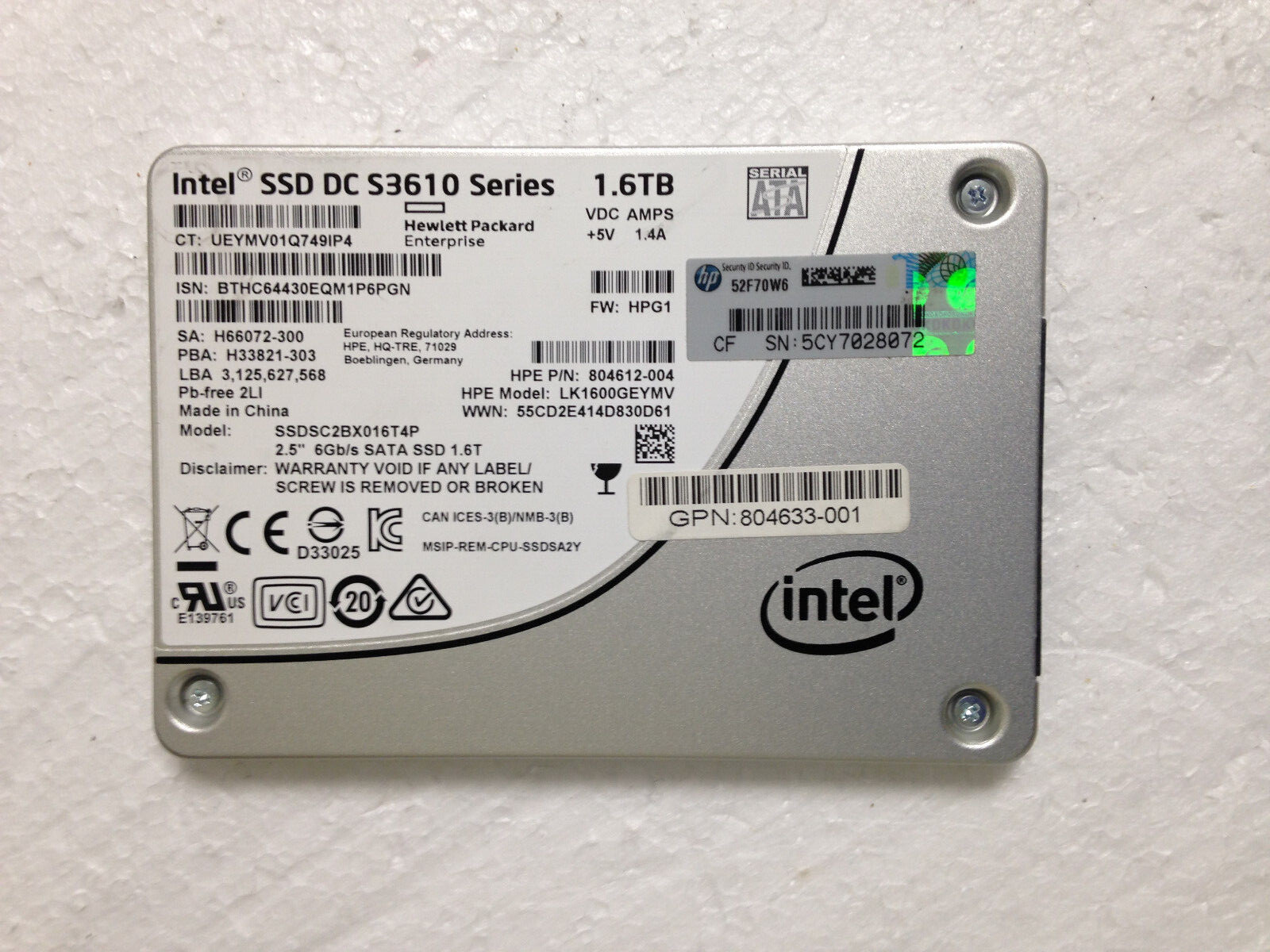 HPE SSDSC2BX016T4P Intel SSD DC S3610 P/N 804612-004 1.6TB SATA 2.5'' Hard Drive