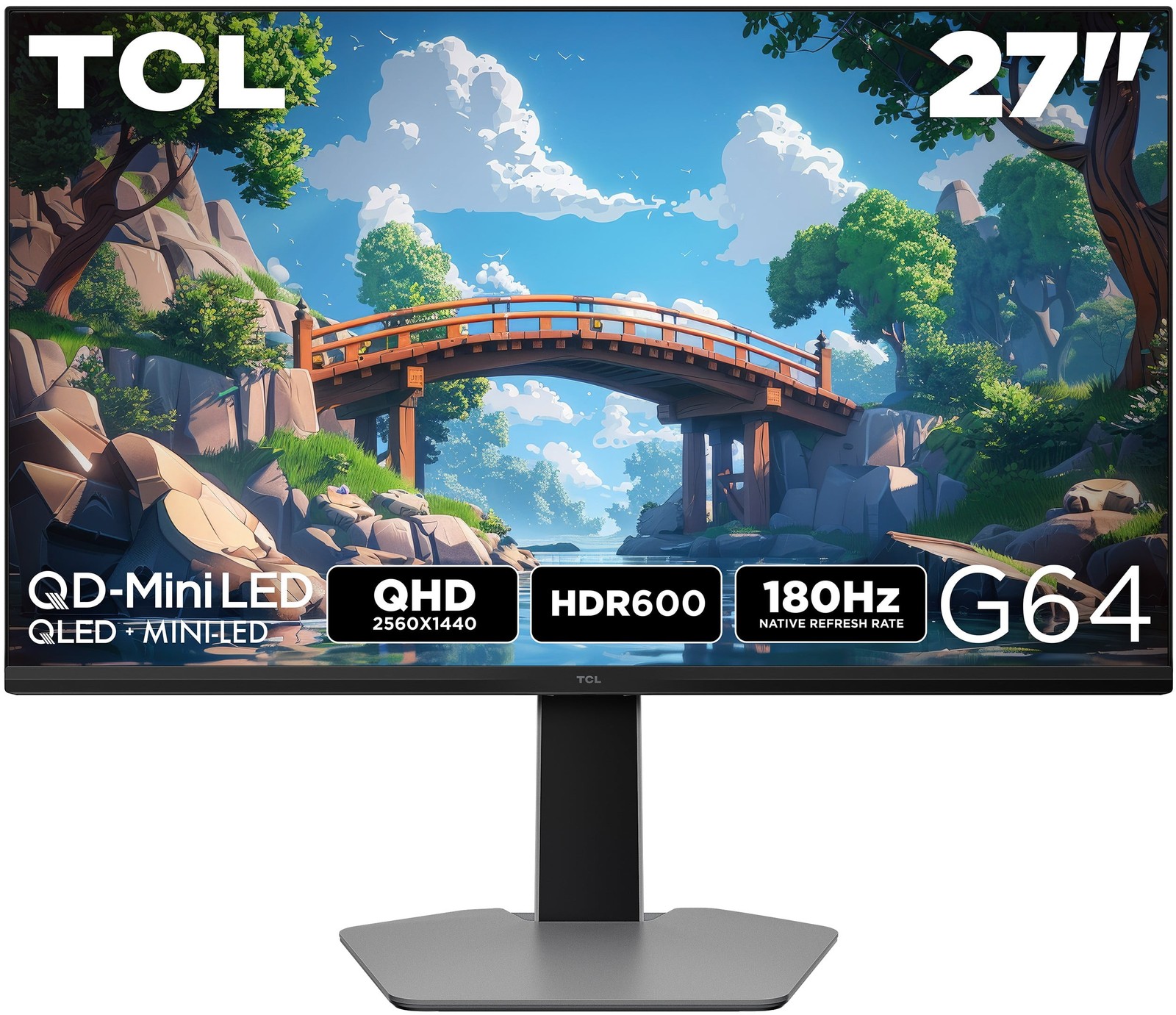 TCL 27G64 QHD QD-Mini LED Gaming Monitor, 27-Inch, 180Hz Refresh Rate, Black and