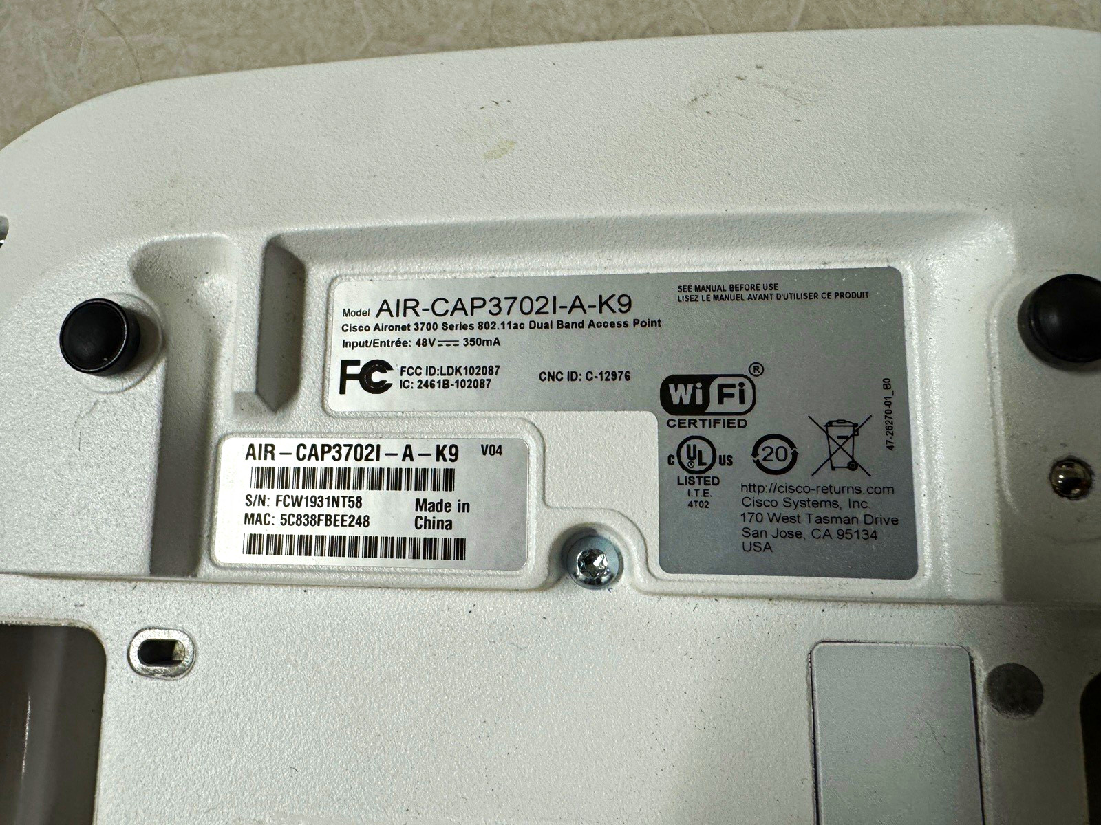 Cisco AIR-CAP3702I-A-K9 Wireless Access Point, Wireless, White
