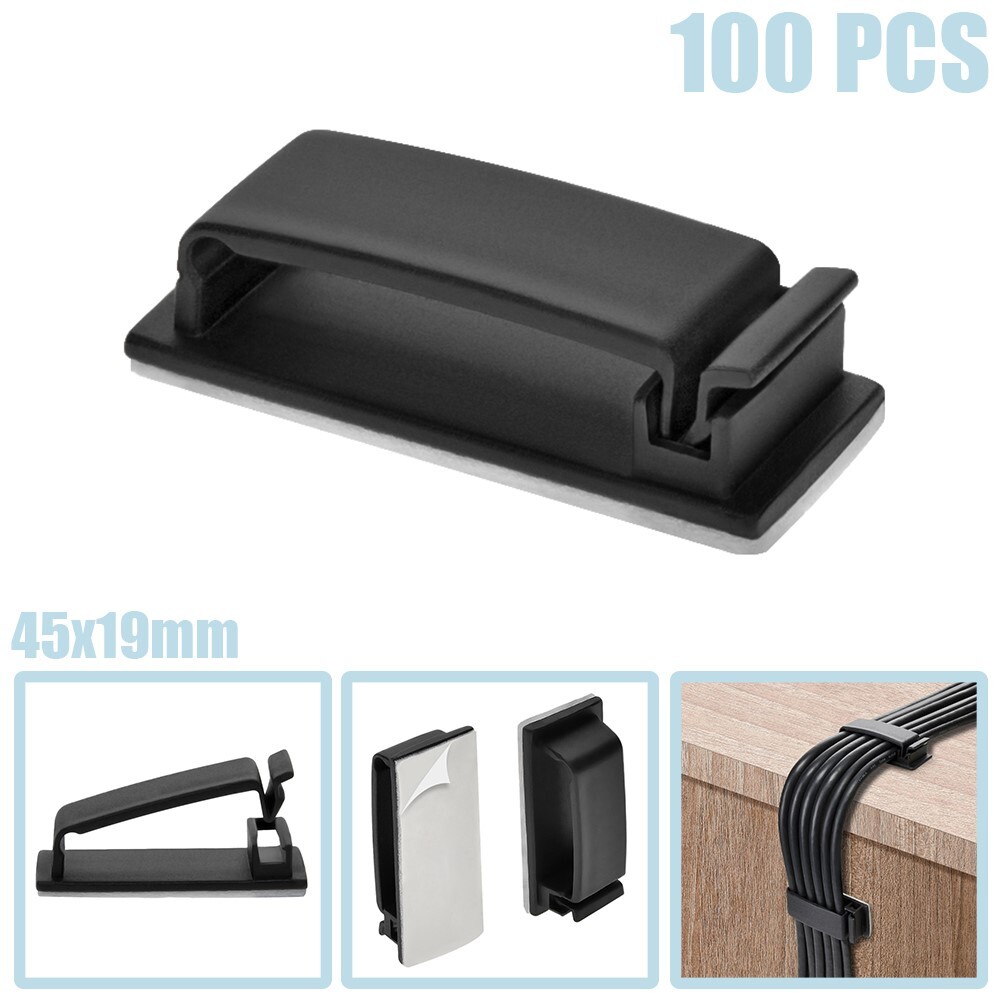 100 Pcs Cable Clips Self-Adhesive Cord Wire Holder Organizer Long Type 45x19mm