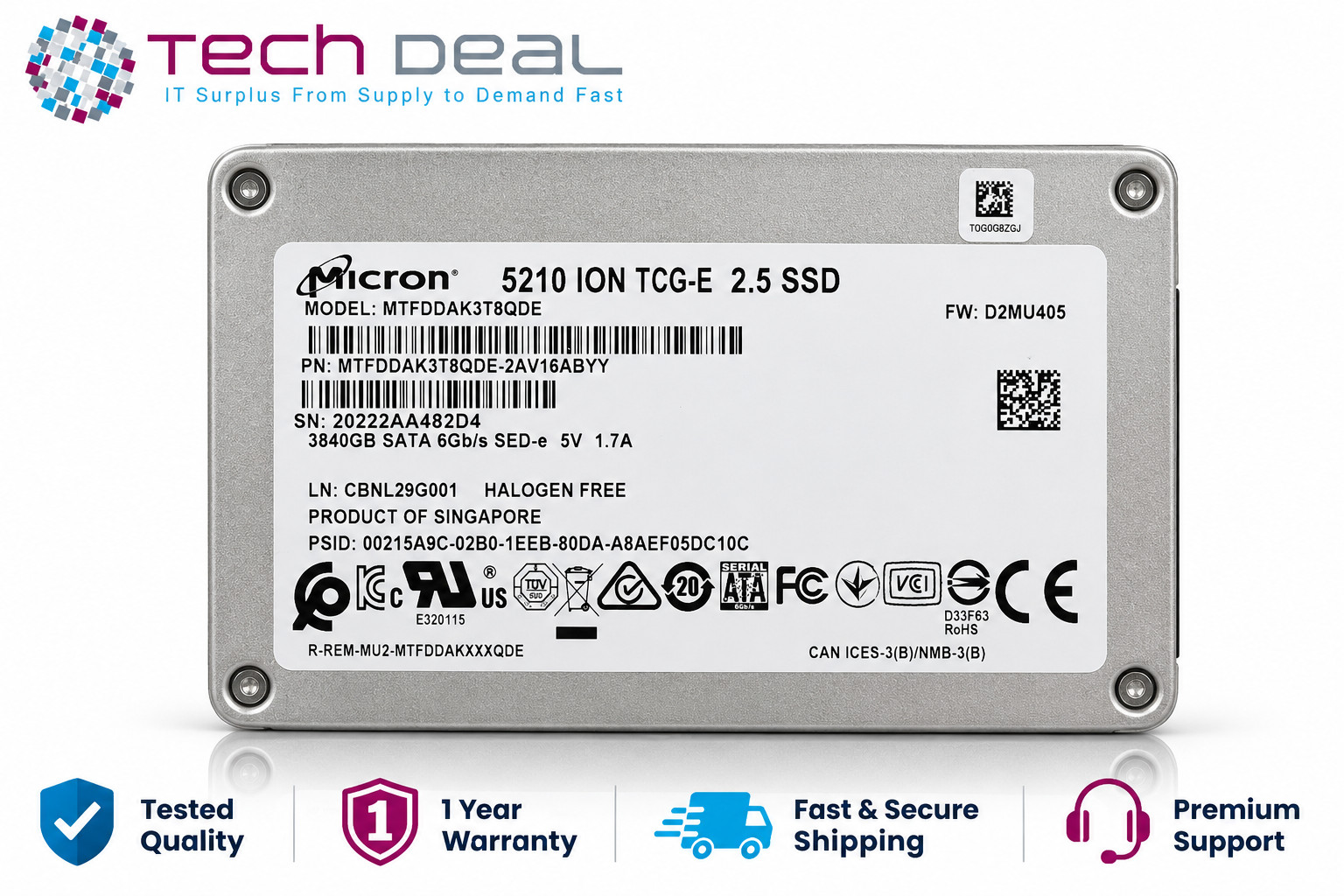 Micron 5210 ION 3.84TB 2.5" SATA 6Gb/s SSD MTFDDAK3T8QDE Enterprise